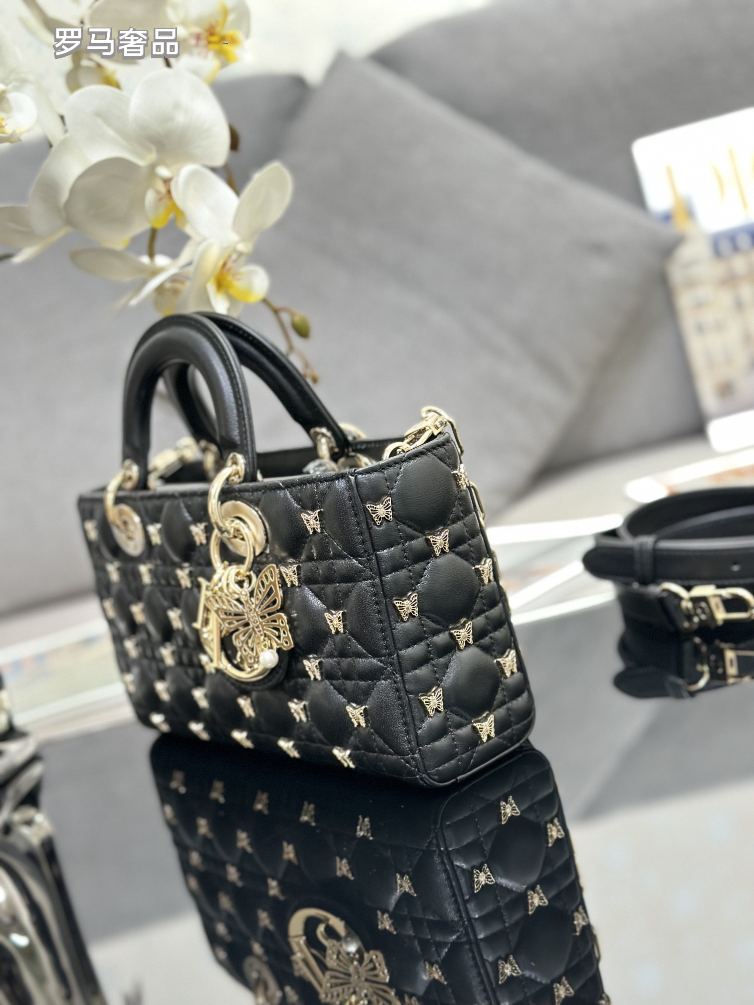 Christian Dior Lady D-Joy Bag Black Quilted Lambskin with Butterfly Charm