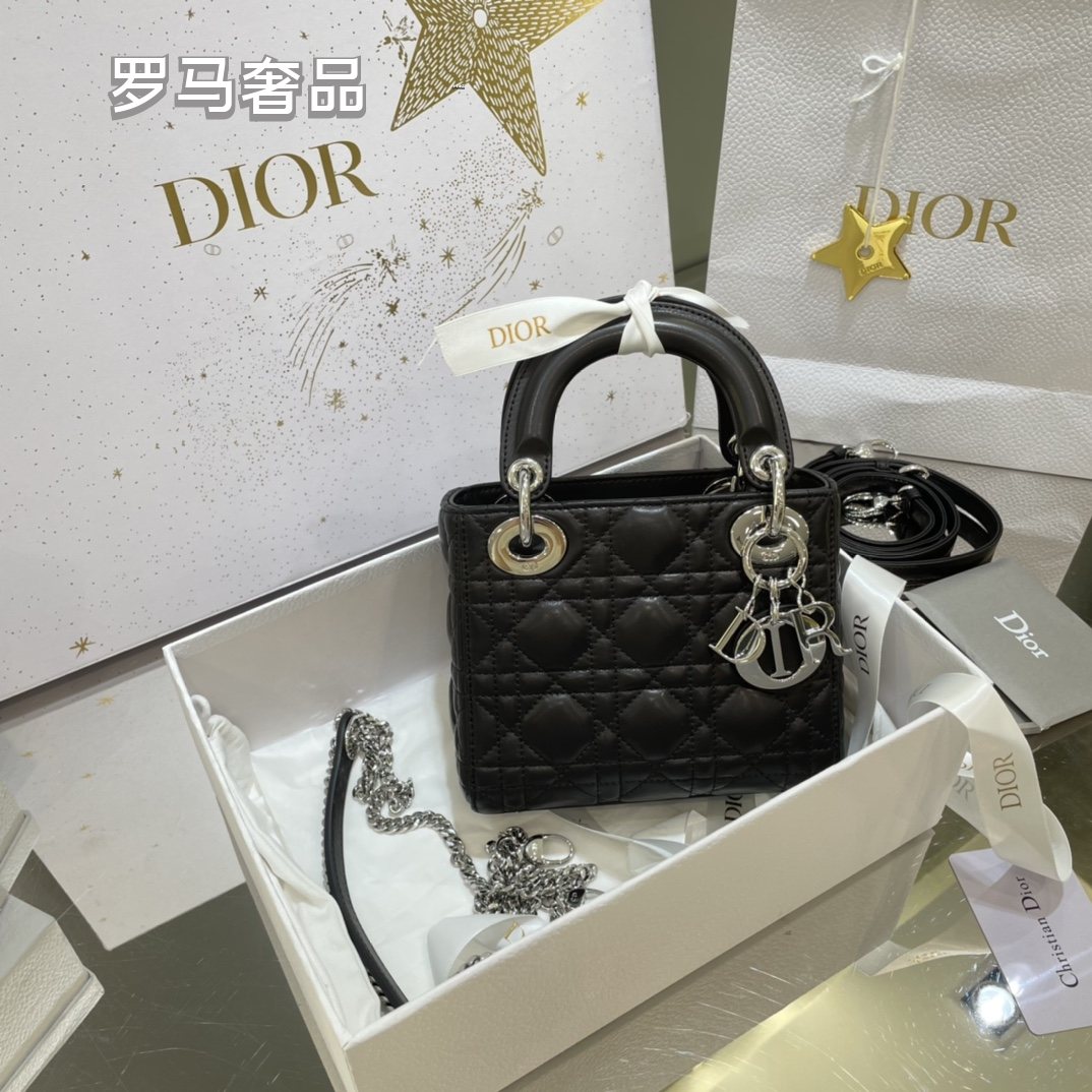 Dior Mini Black Quilted Leather Handbag with Gold Hardware and Charms