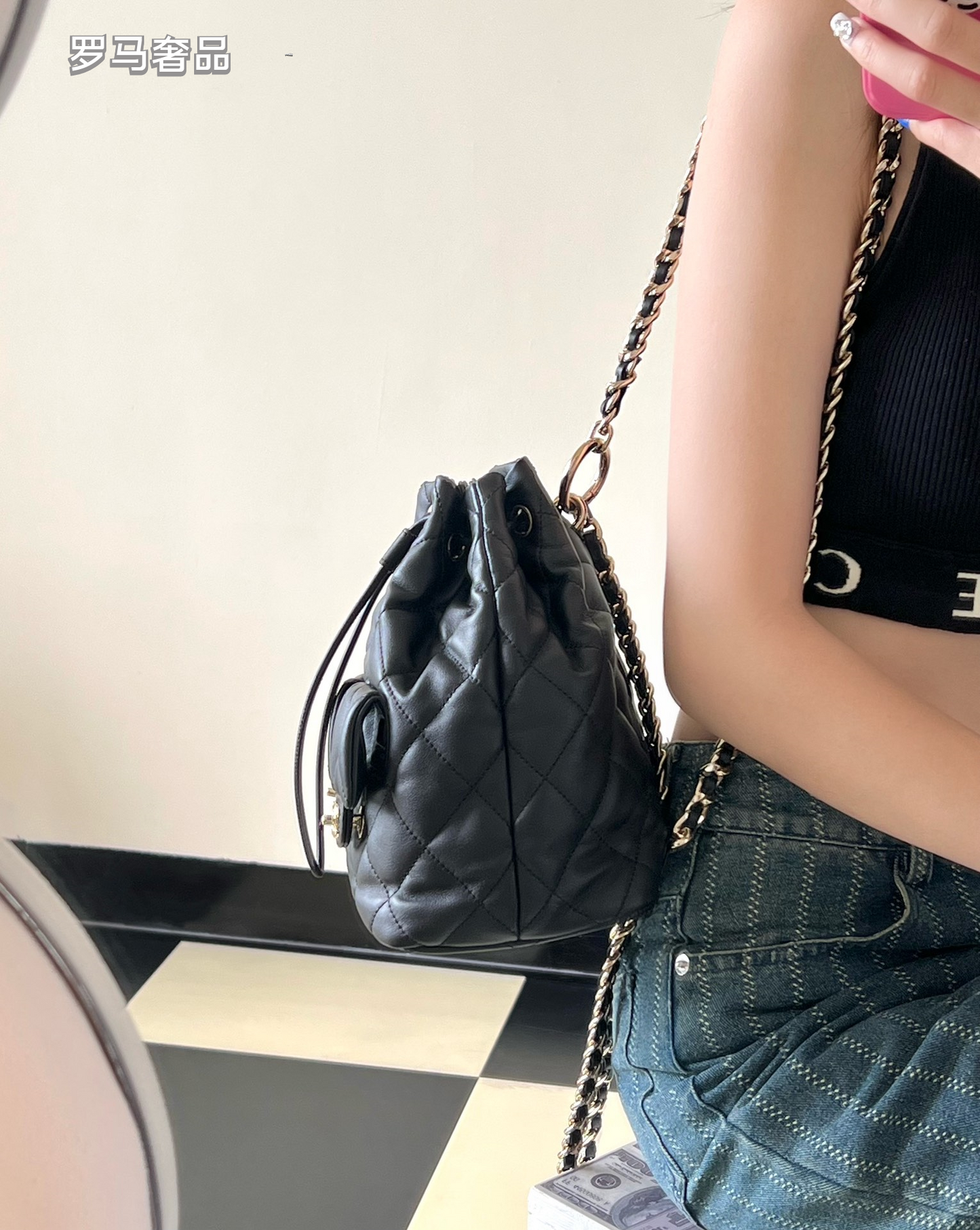 Chanel-Style Quilted Black Leather Bucket Bag with Silver Chain Strap