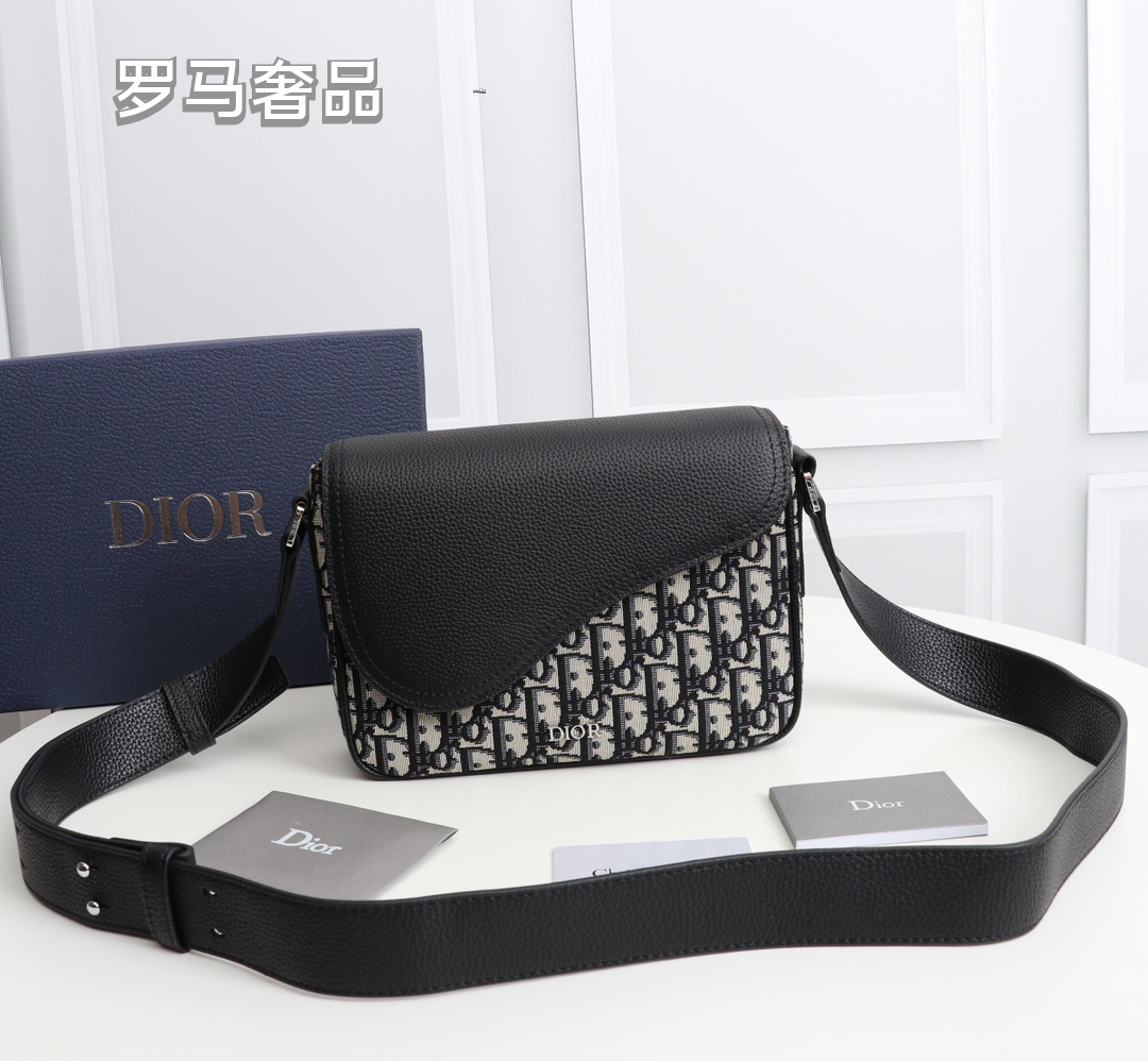Dior Vintage Monogram Crossbody Messenger Bag with Black Leather Flap