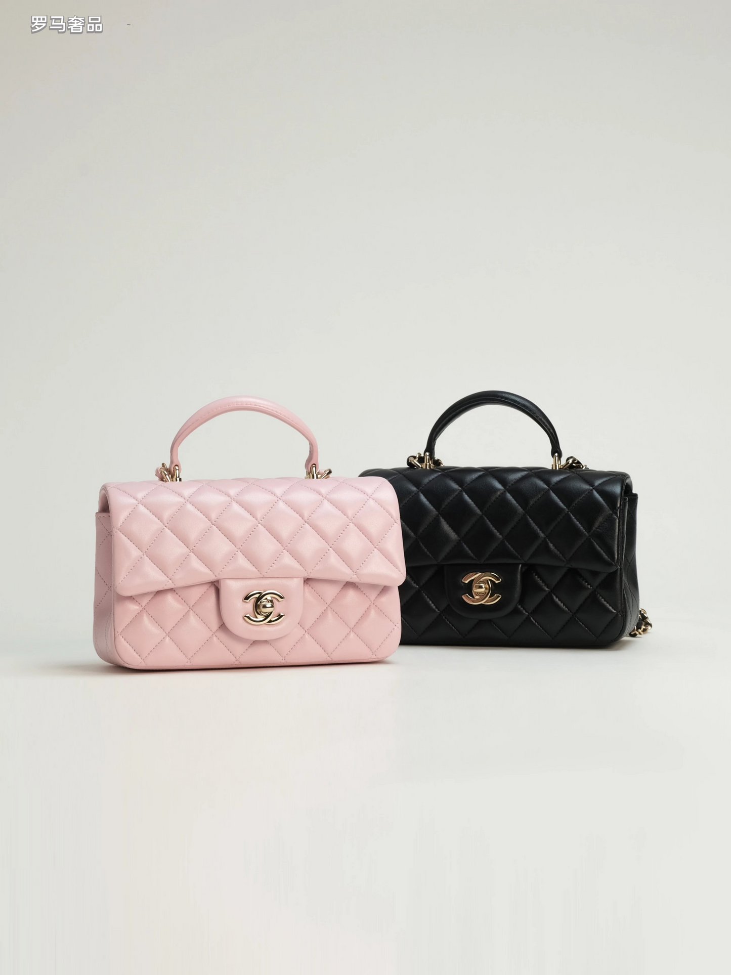Pink Quilted Top Handle Handbag with Gold-Tone Chain Strap