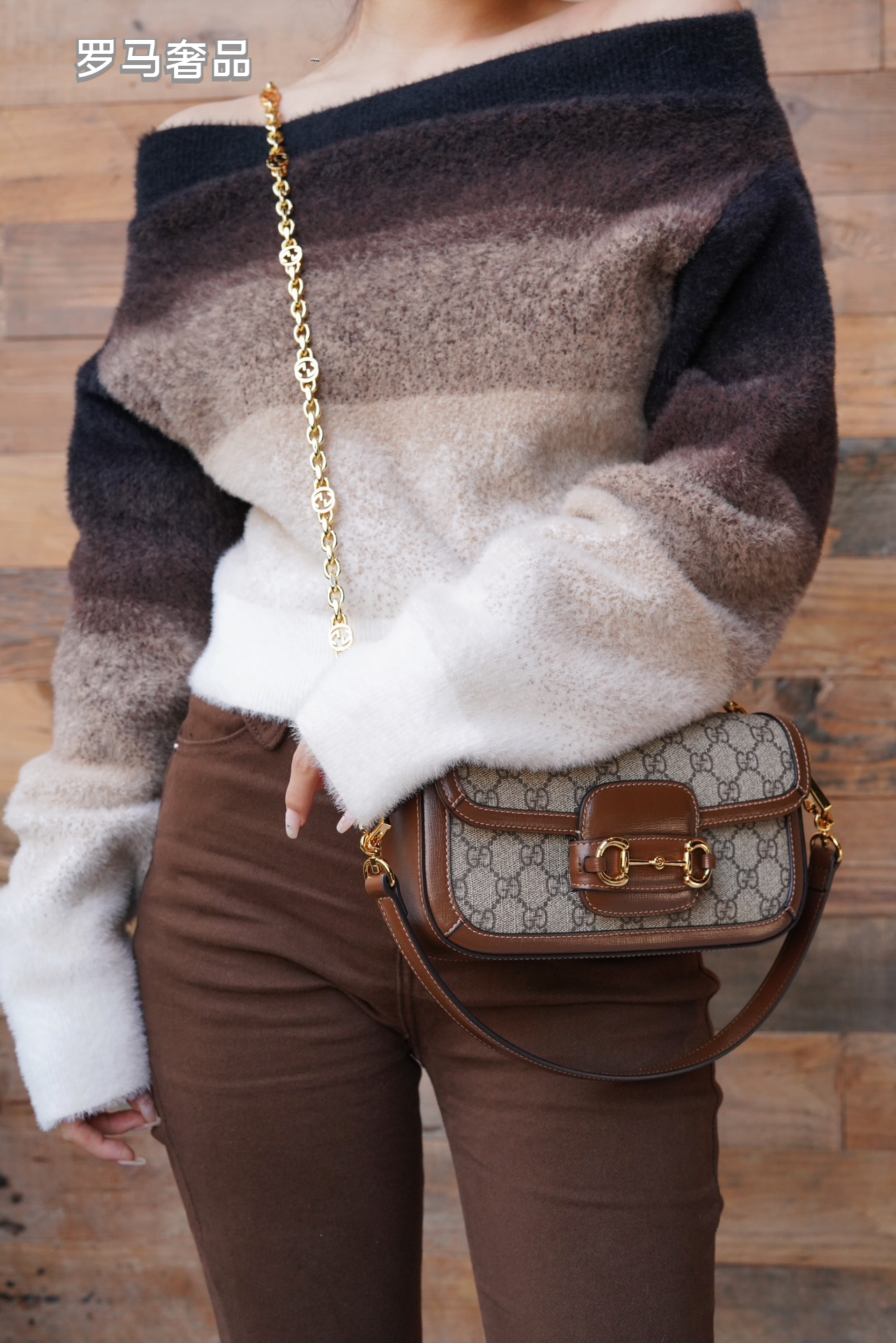 Gucci Horsebit 1955 Mini Shoulder Bag in GG Supreme Canvas with Brown Leather Trim
