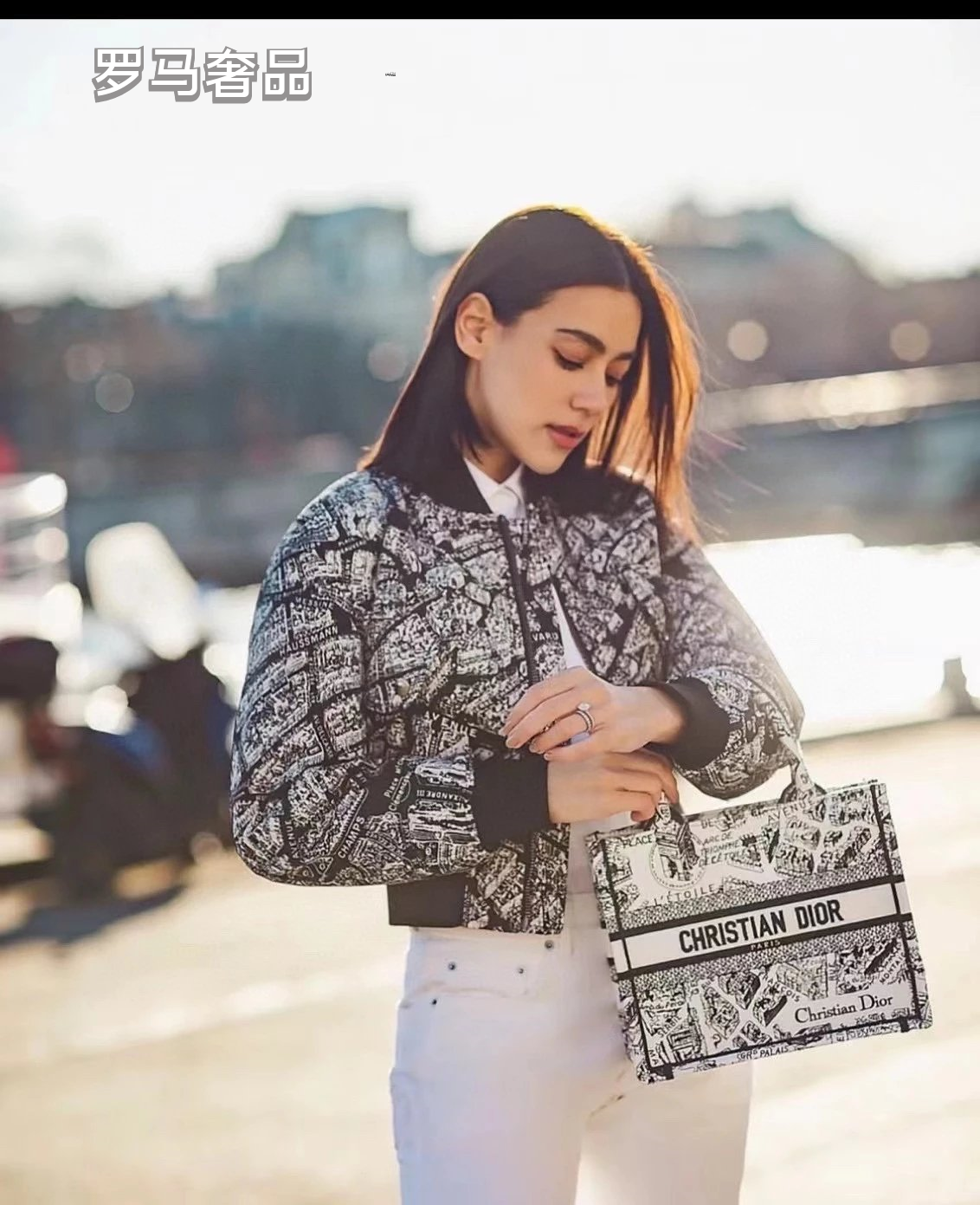Dior Black and White Paris Street Map Embroidered Canvas Tote Bag