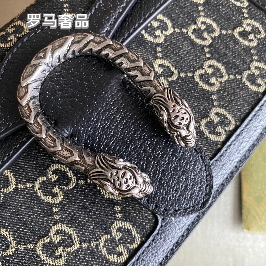 Gucci Luxury Navy Blue Monogram Canvas Chain Shoulder Bag with Spur Buckle