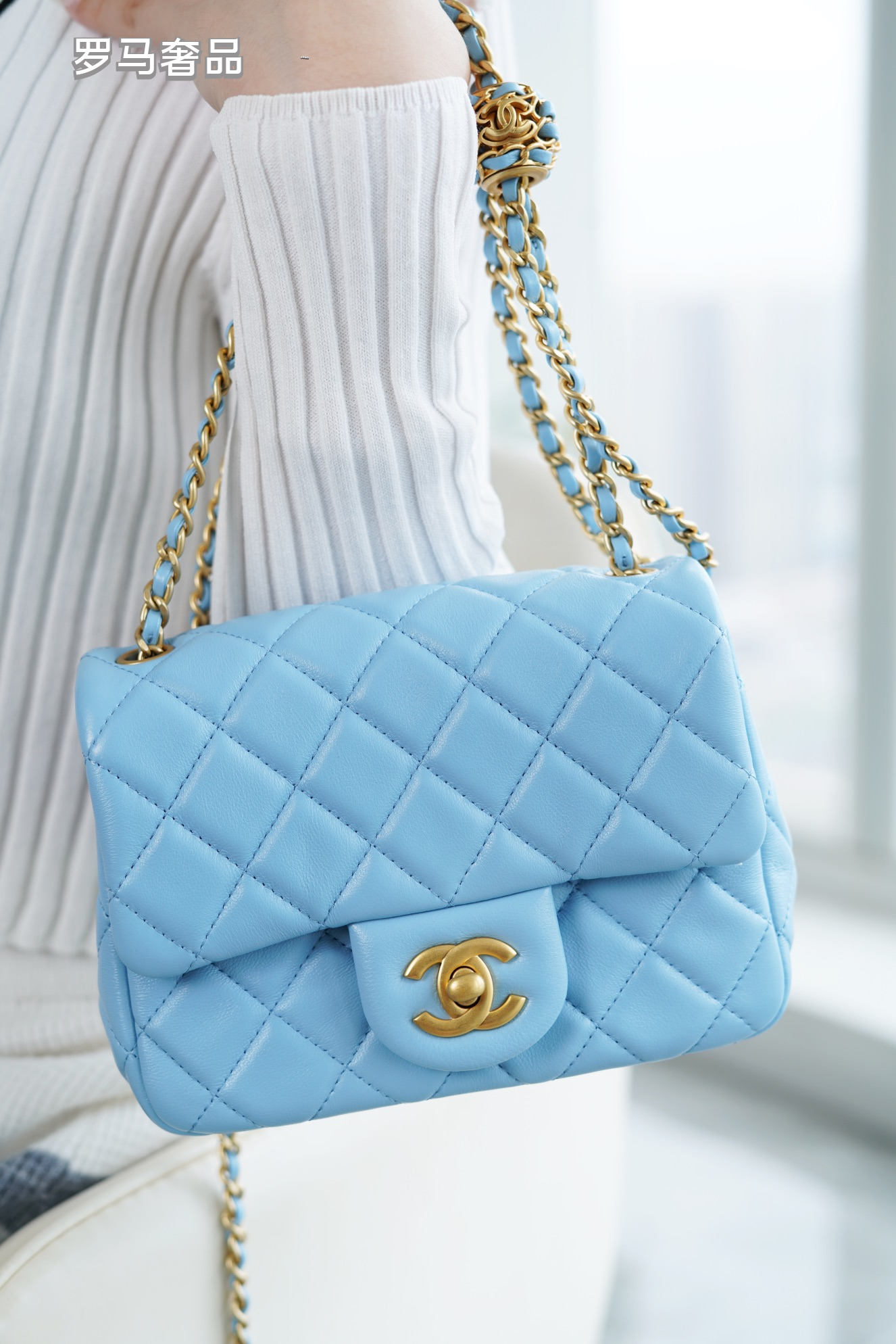 Chanel Mini Flap Bag with Pearl Crush Chain Lambskin Purple Gold Hardware