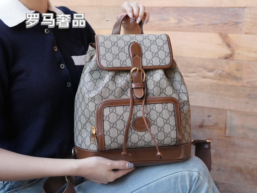 Gucci Classic Monogram Canvas Backpack with Brown Leather Trim and Drawstring