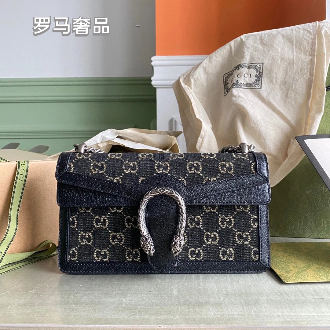 Gucci Luxury Navy Blue Monogram Canvas Chain Shoulder Bag with Spur Buckle