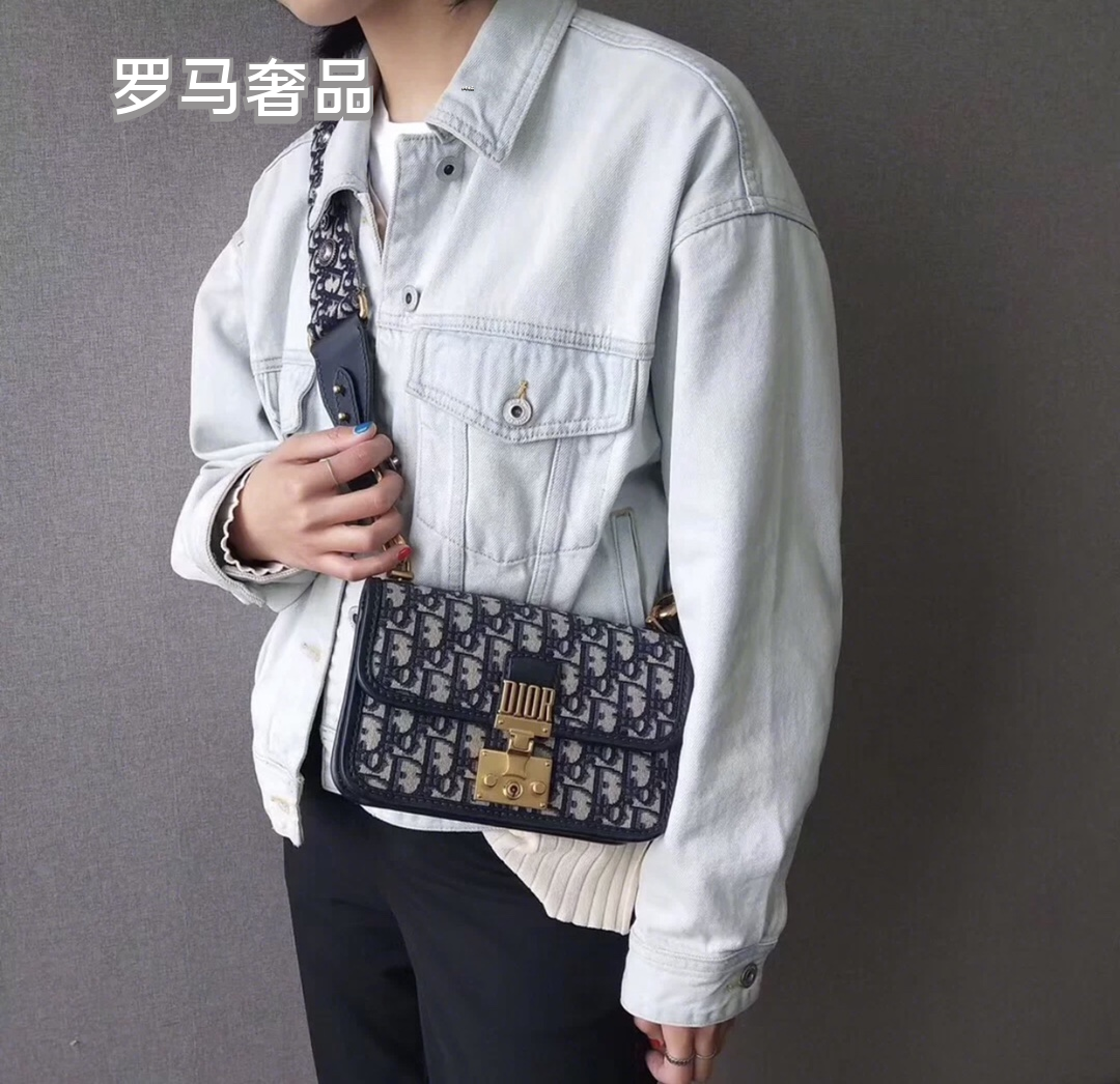 Dior Addict Flap Bag Blue Oblique Jacquard with Gold-Finish Hardware