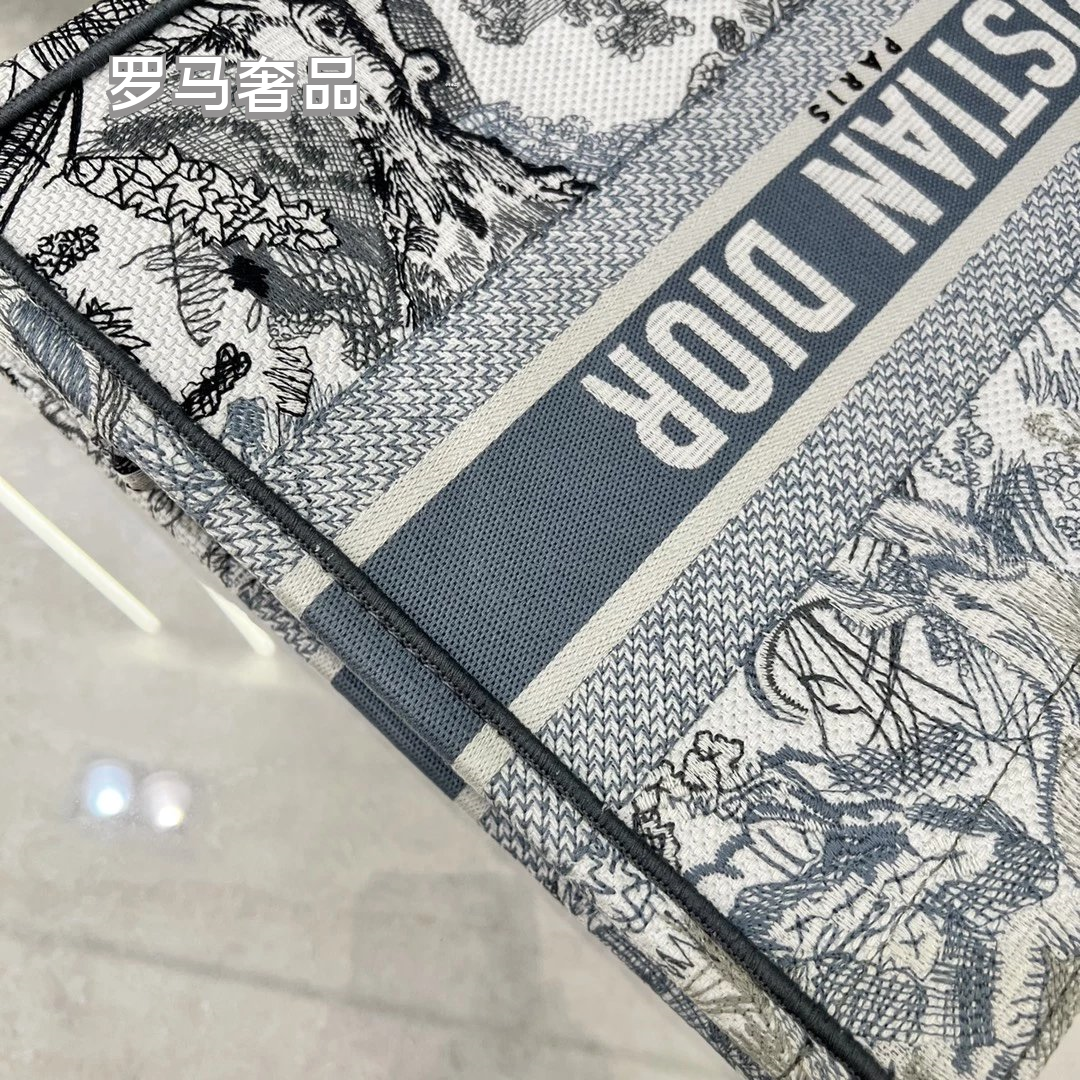 Christian Dior Grey Toile de Jouy Embroidered Canvas Medium Book Tote Bag