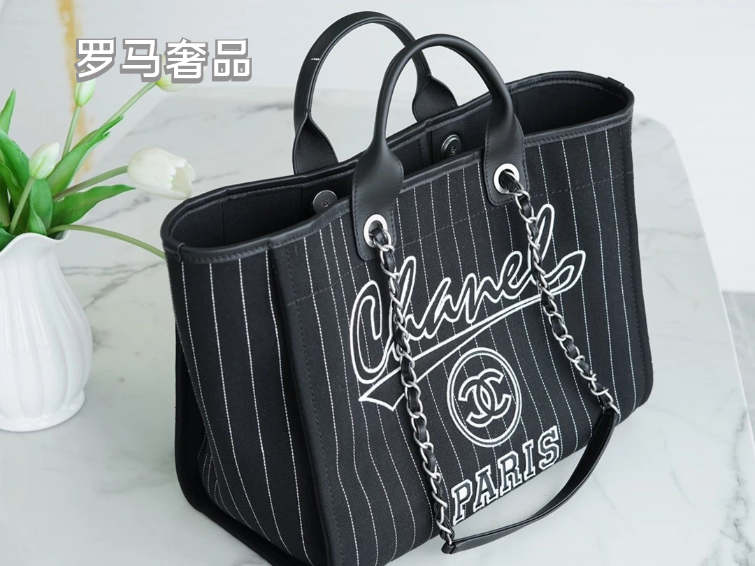 Chanel Pinstripe Canvas Deauville Tote Bag with Matching Pouch - Black/White