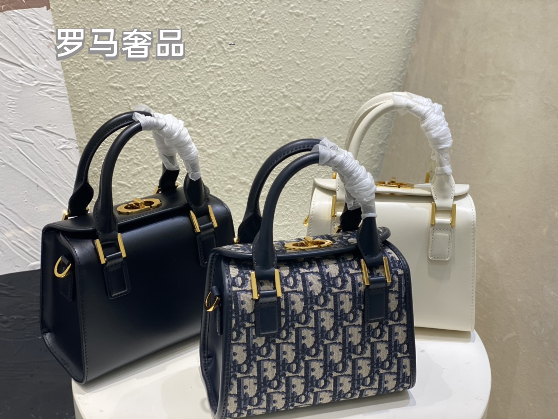 Dior Vintage Blue Monogram Canvas Top Handle Crossbody Handbag