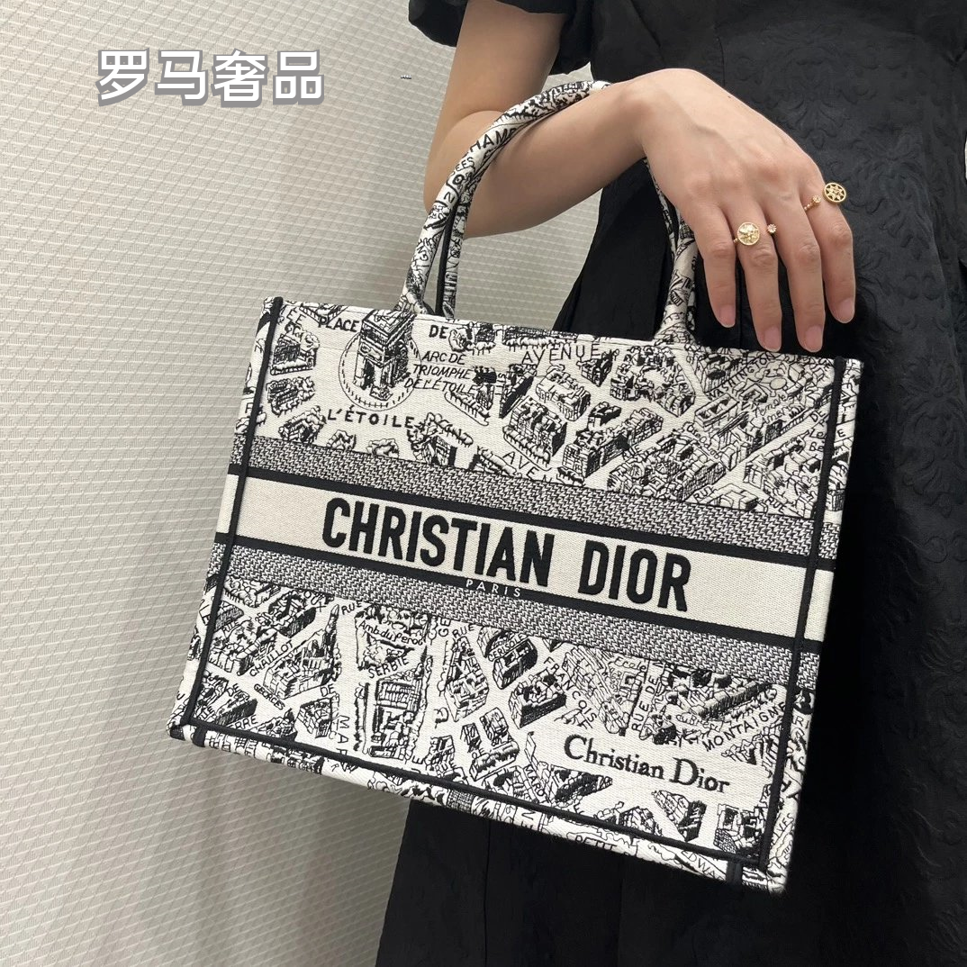 Christian Dior Plan de Paris Book Tote Bag - Black and White Embroidered Canvas