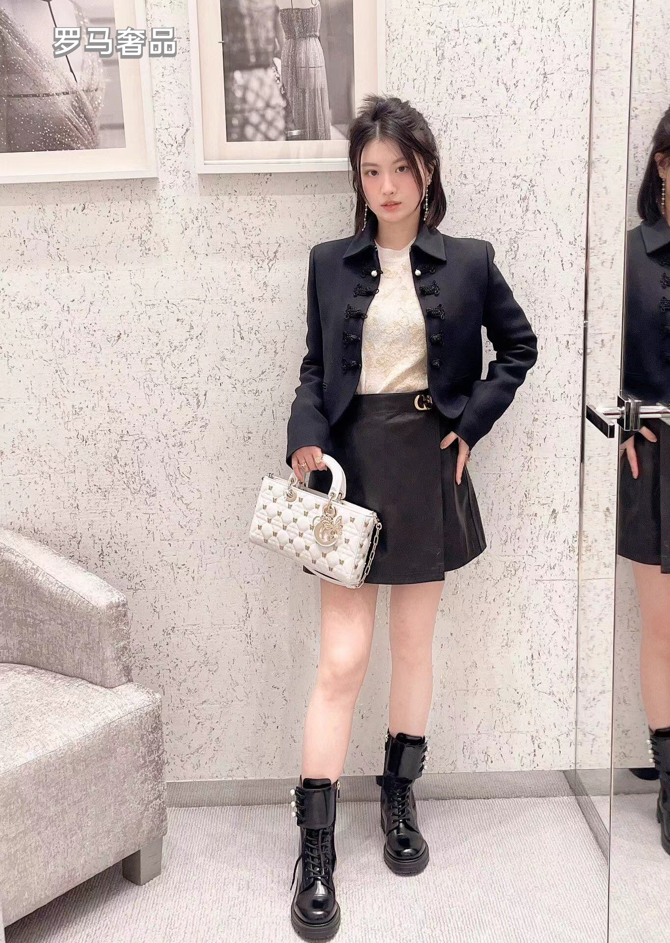 Dior Luxury Black Quilted Leather Top Handle Bag with Gold Butterfly Charm