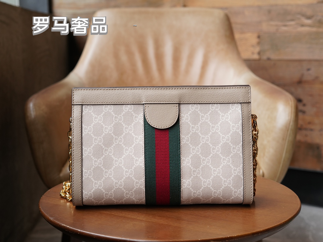 Gucci Classic Monogram Canvas Shoulder Bag with Stripe and Gold Chain