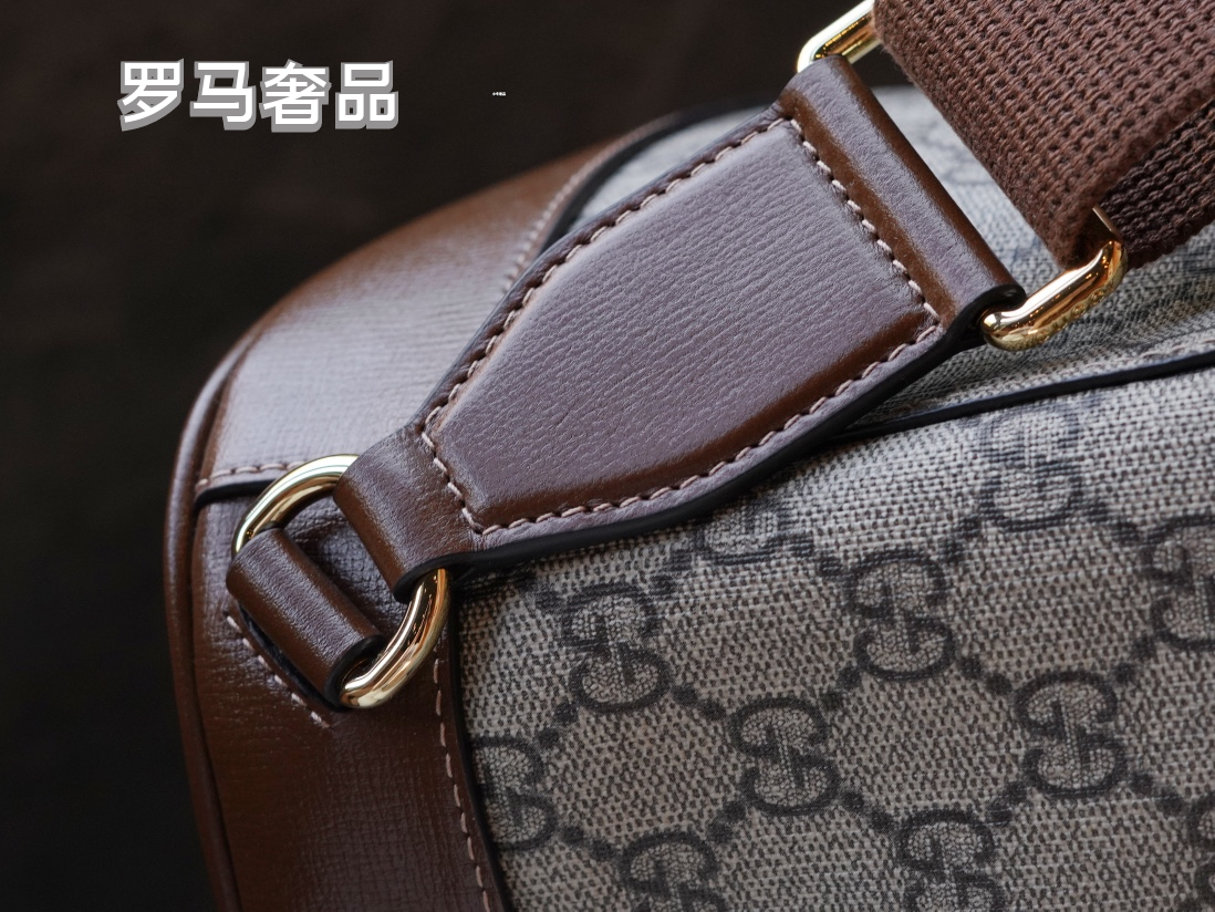 Gucci Classic Monogram Canvas Backpack with Brown Leather Trim and Drawstring