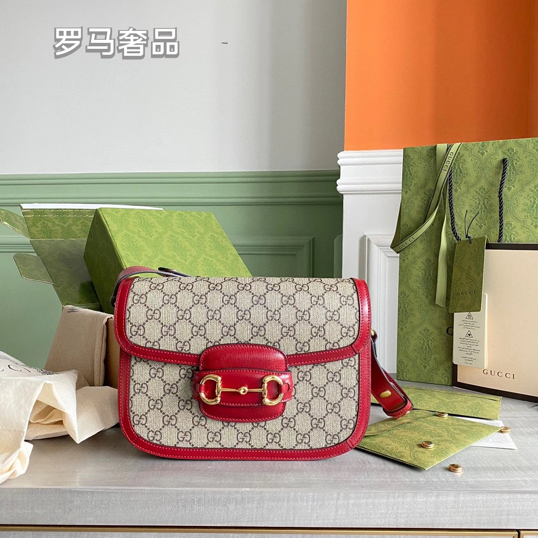 Gucci Vintage Monogram Canvas Crossbody Bag with Red Leather Trim