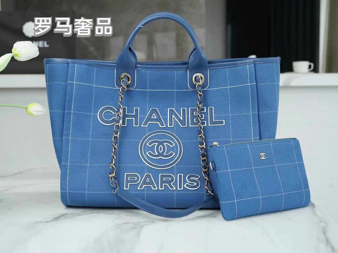 Chanel Deauville Large Tote Bag with Matching Pouch - Blue Denim Canvas