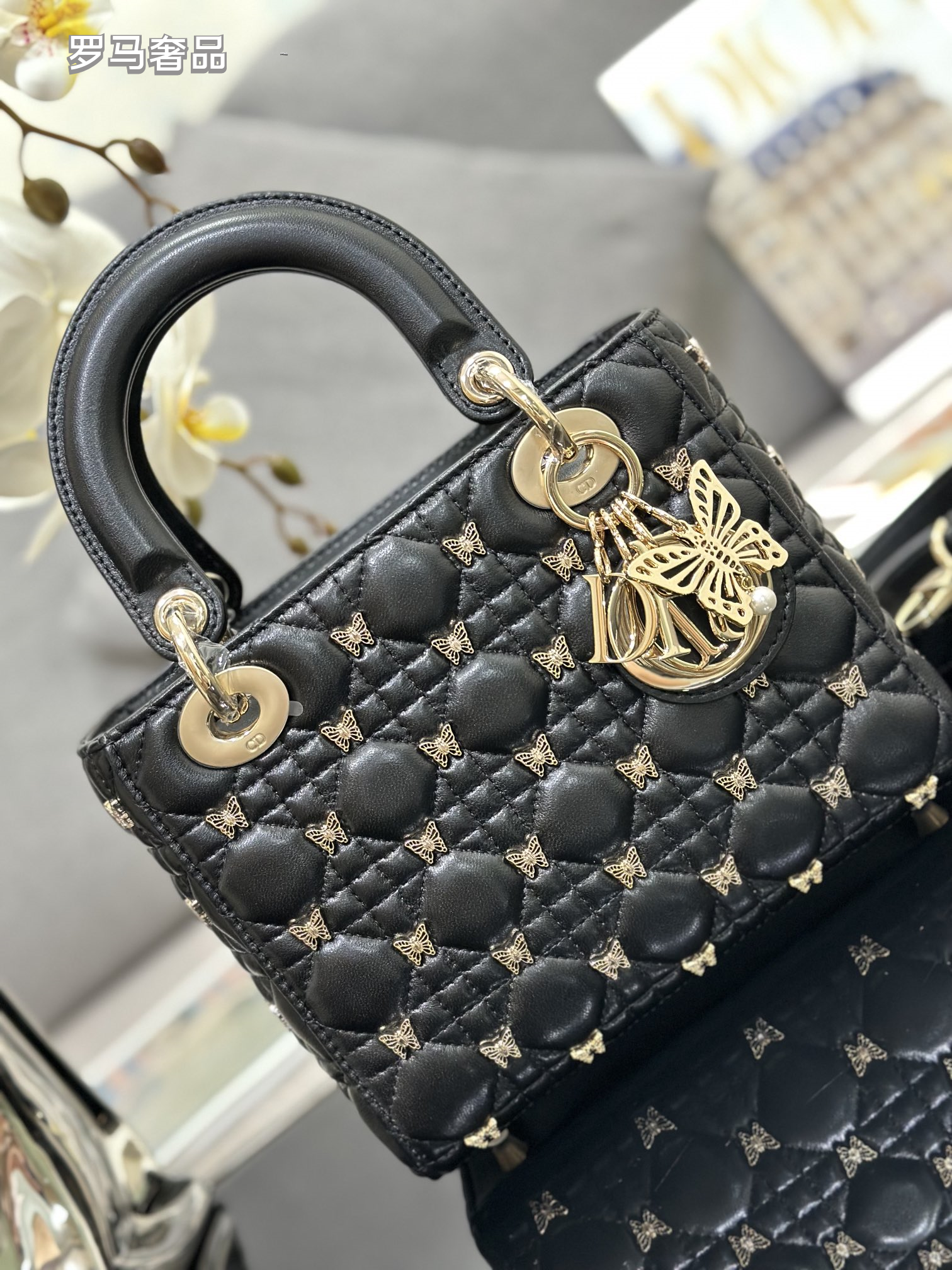Dior Luxury Black Quilted Leather Handbag with Gold Butterfly Charm