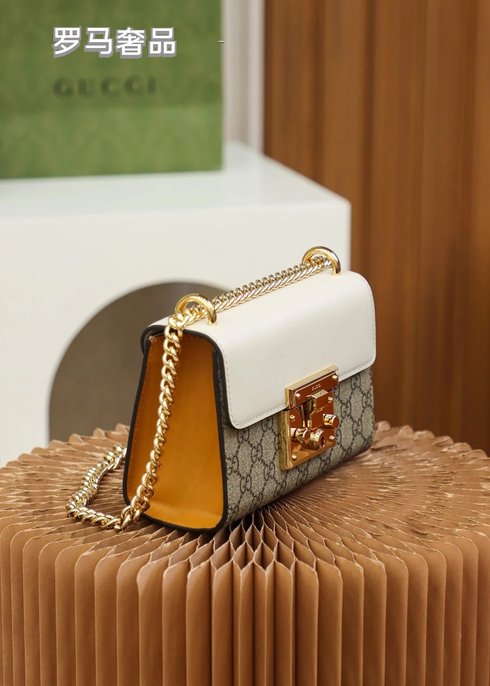 Gucci Vintage Monogram Canvas Crossbody Bag with Leather Flap and Gold Chain