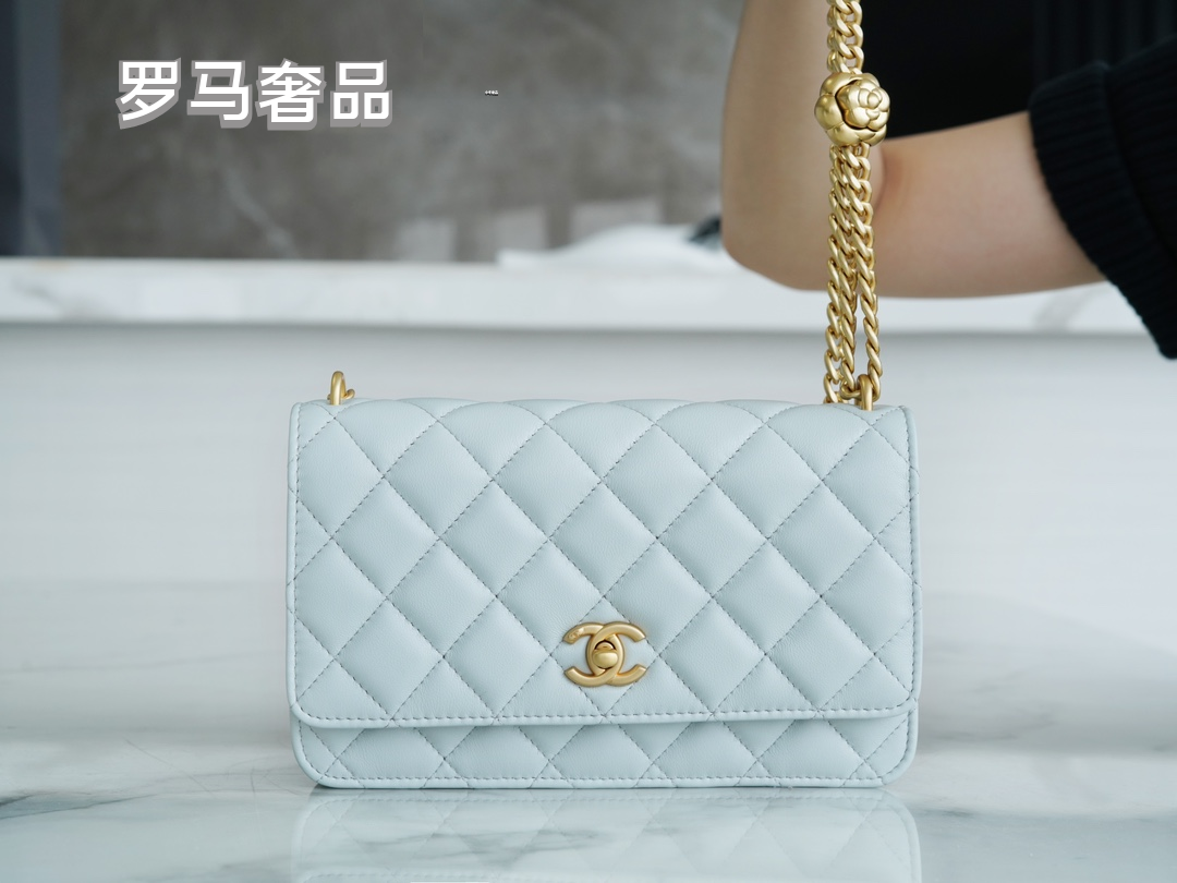 Chanel Quilted Lambskin Wallet on Chain with Camellia Gold Charm - Black