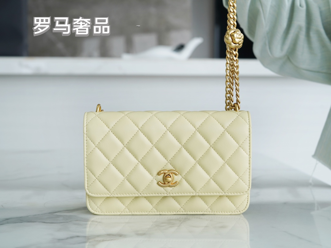 Chanel Quilted Lambskin Wallet on Chain with Camellia Gold Charm - Black