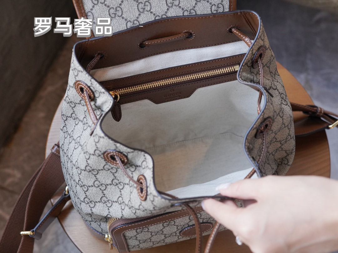 Gucci Classic Monogram Canvas Backpack with Brown Leather Trim and Drawstring