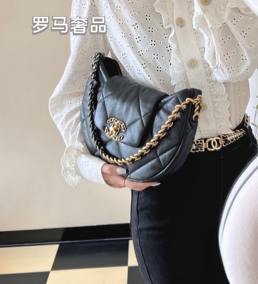 Chanel 19 Large Hobo Bag - Black Quilted Lambskin Leather with Gold-Tone Hardware