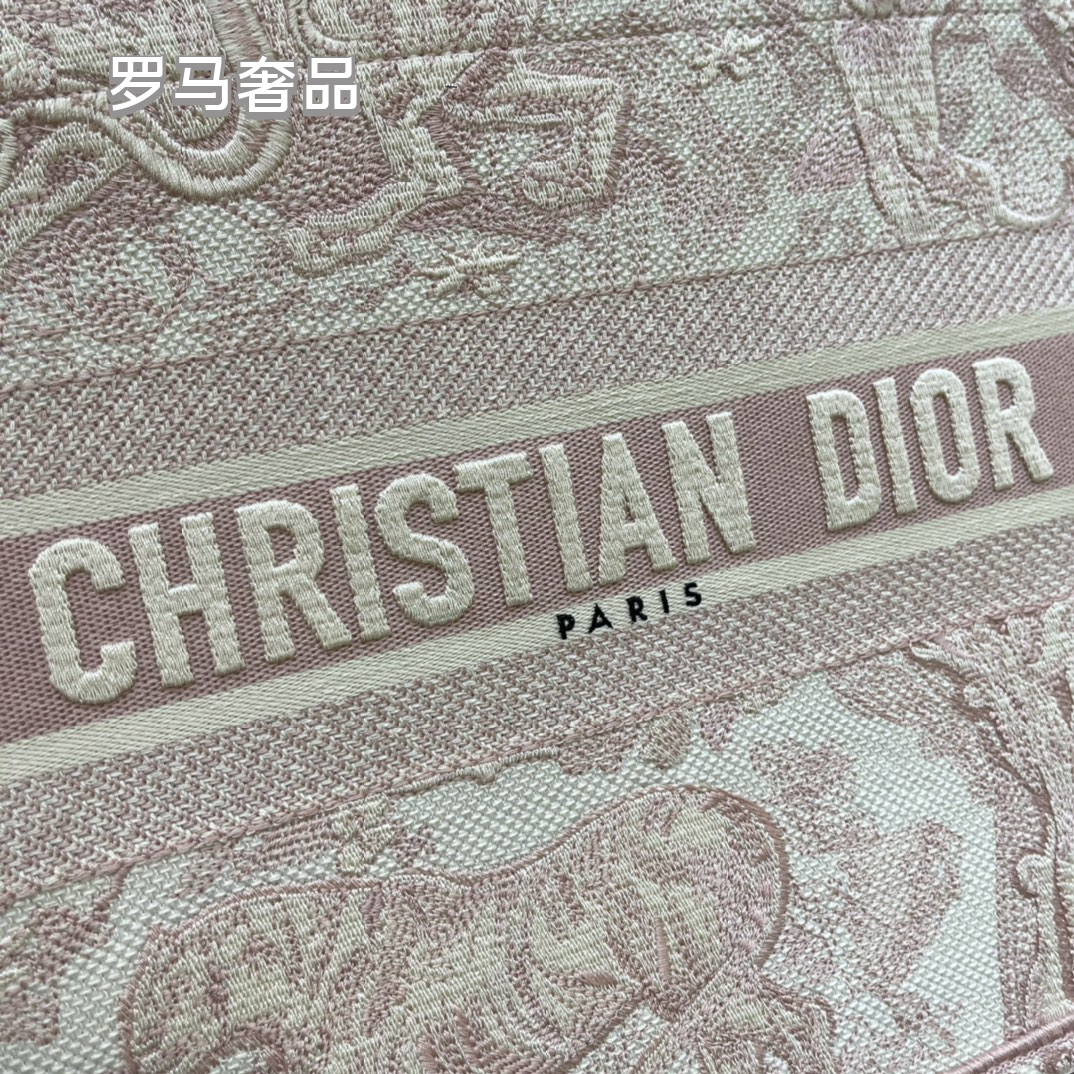 Dior Pink and Beige Floral Embroidered Top Handle Canvas Tote Bag