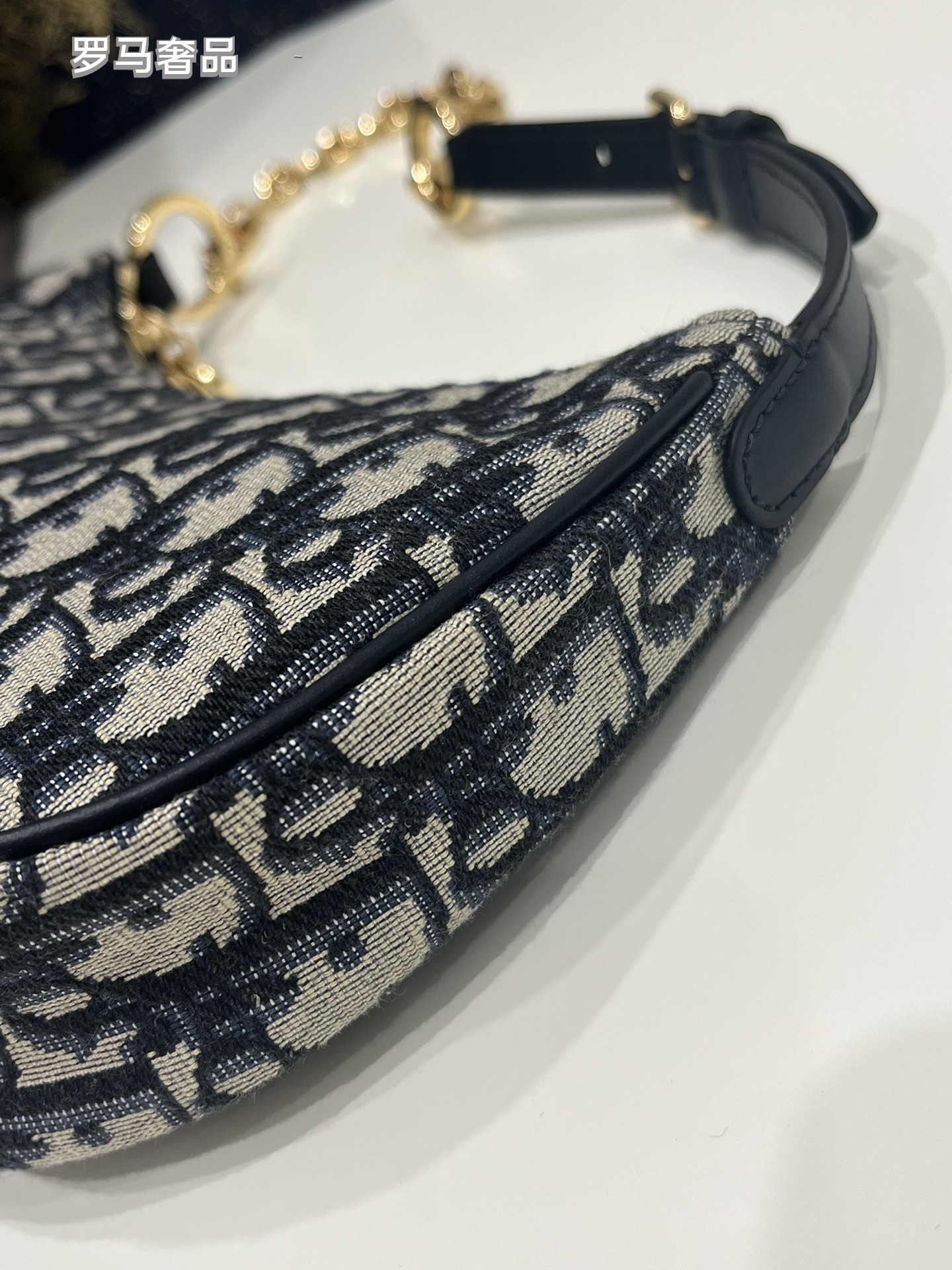 Dior Elegant Monogram Canvas Crescent Shoulder Bag with Gold Chain
