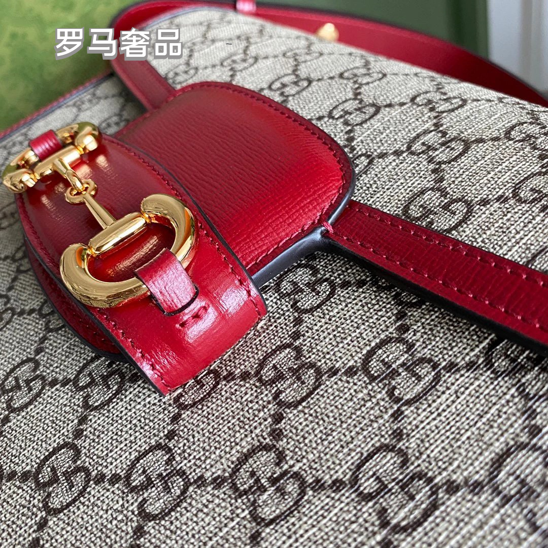 Gucci Vintage Monogram Canvas Crossbody Bag with Red Leather Trim