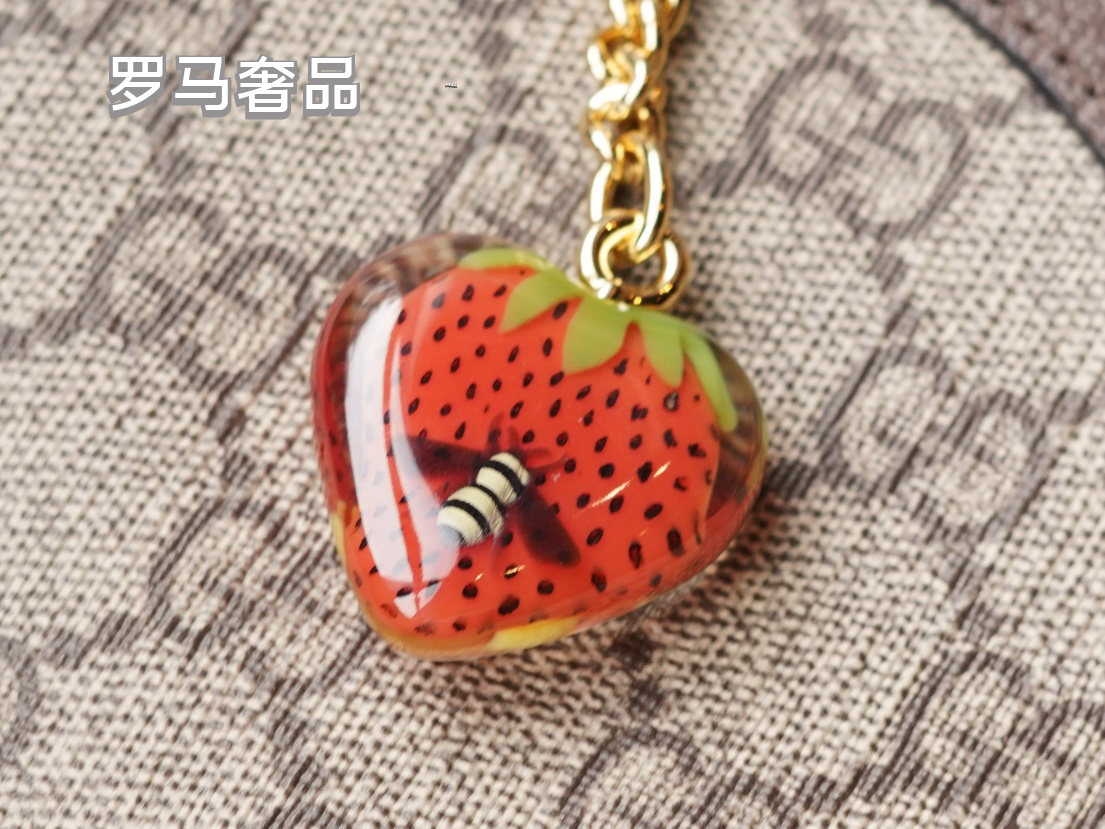 Gucci Classic Monogram Canvas Shoulder Bag with Web Strap and Strawberry Charm