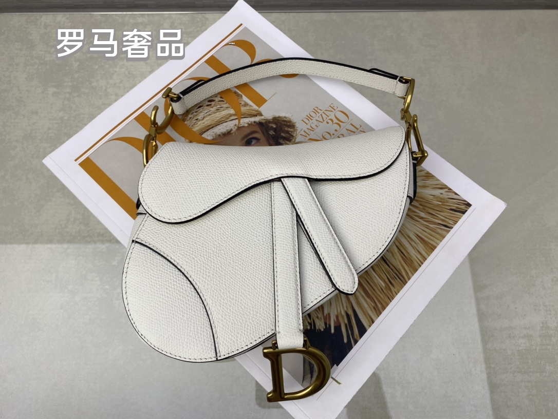 Dior Elegant White Leather Saddle Bag Classic Asymmetric Shoulder Purse