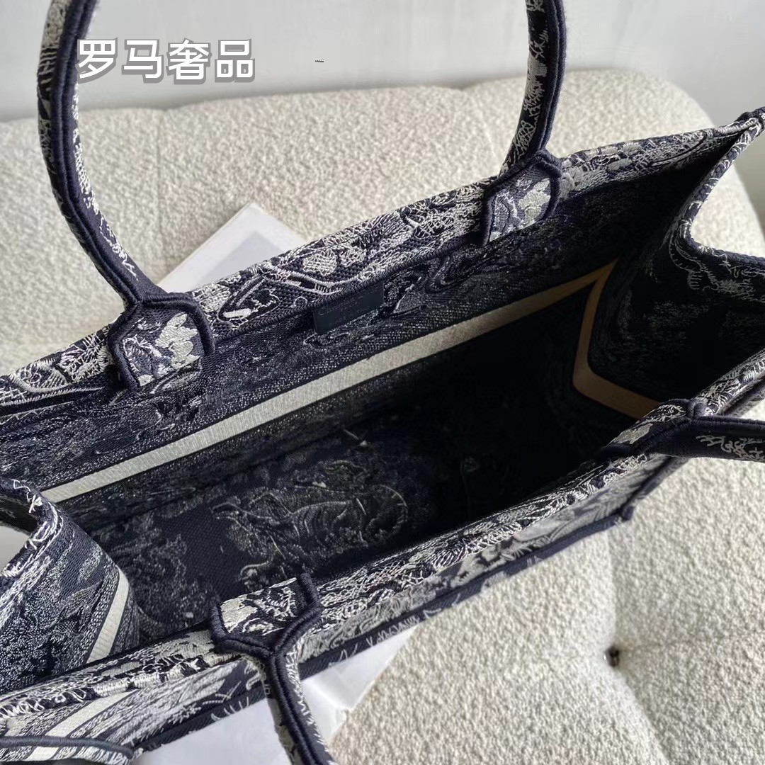 Christian Dior Book Tote Toile de Jouy Embroidery Bag - Black and White