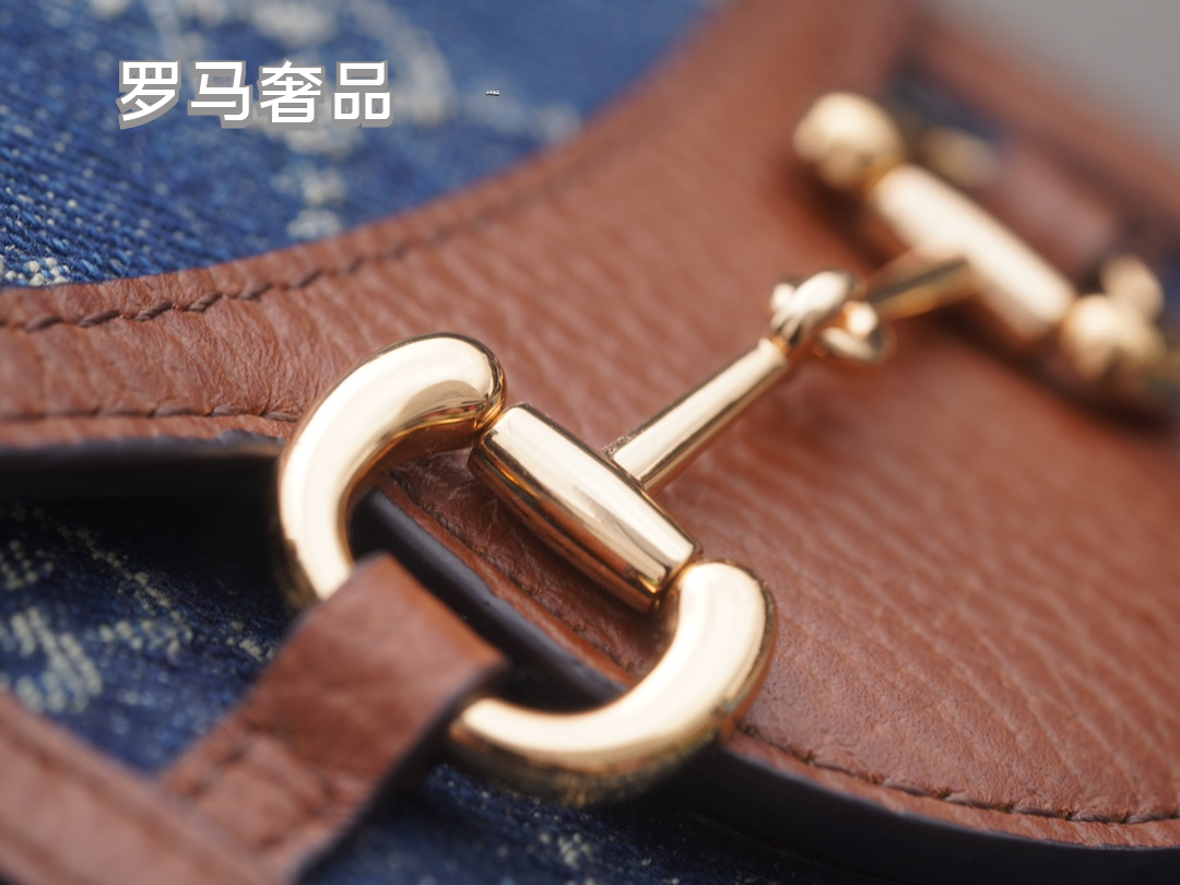 Gucci Horsebit 1955 Mini Shoulder Bag Blue GG Denim with Brown Leather Trim
