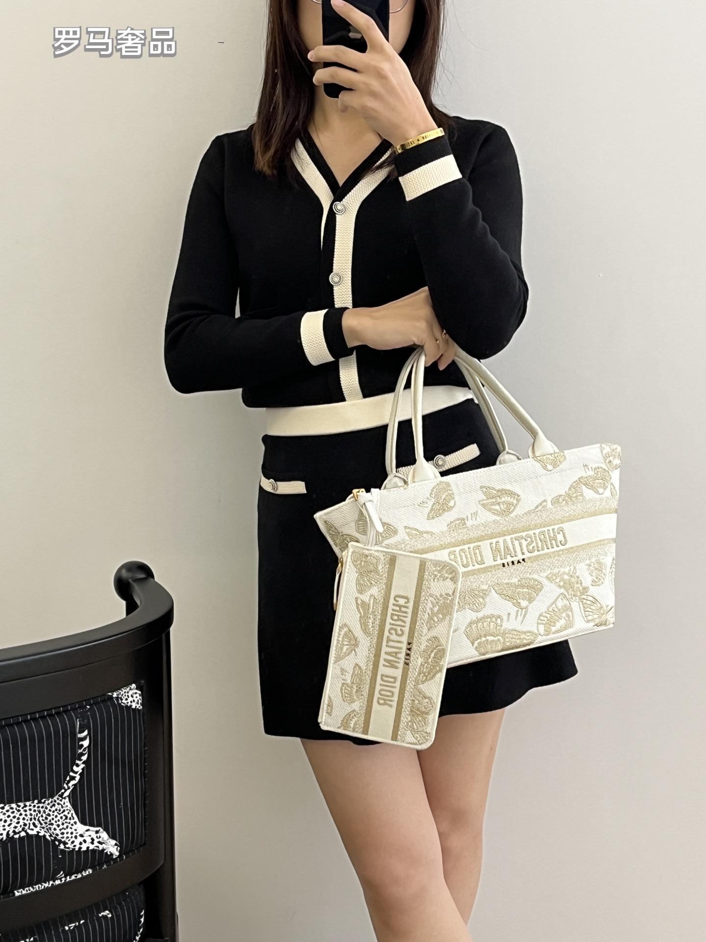 Dior Elegant Butterfly Embroidered Canvas Tote Handbag with Strap