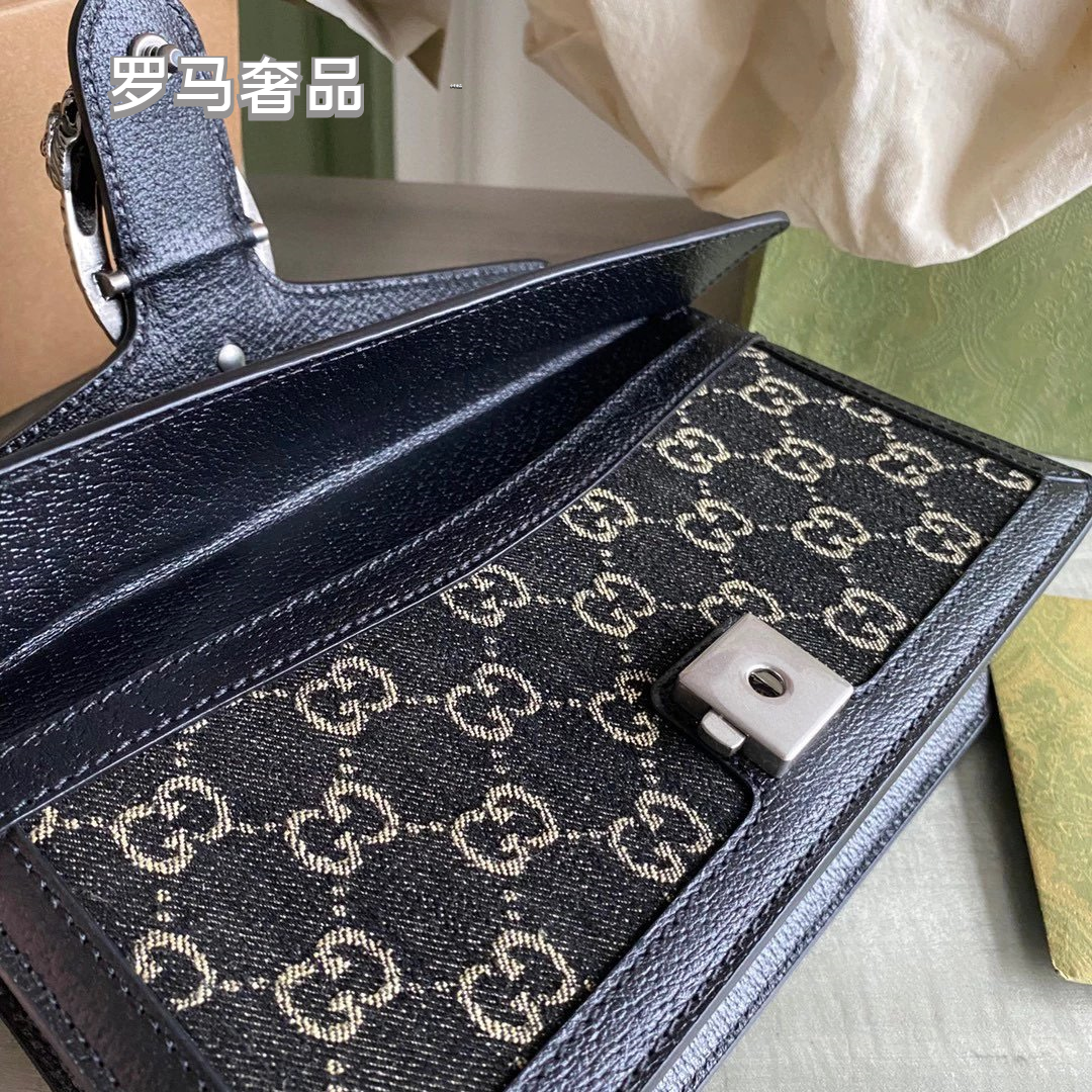Gucci Luxury Navy Blue Monogram Canvas Chain Shoulder Bag with Spur Buckle