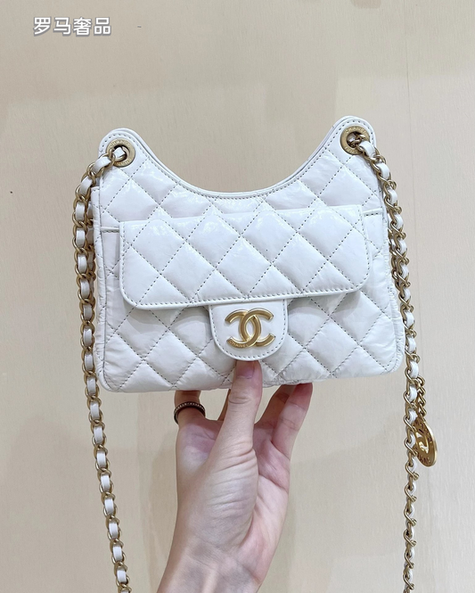 Chanel Small Hobo Bag White Quilted Lambskin Gold-Tone Metal Handbag
