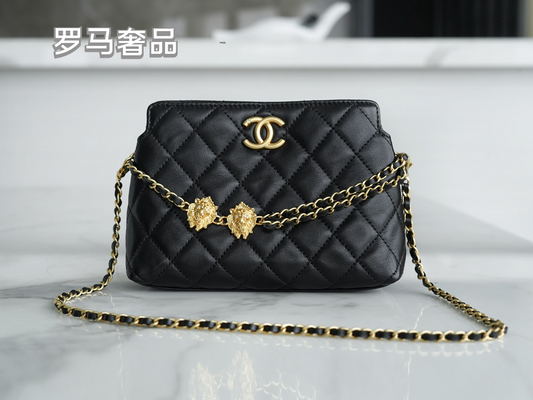 Chanel Black Quilted Leather Flap Bag with Lion Head Chain Embellishments