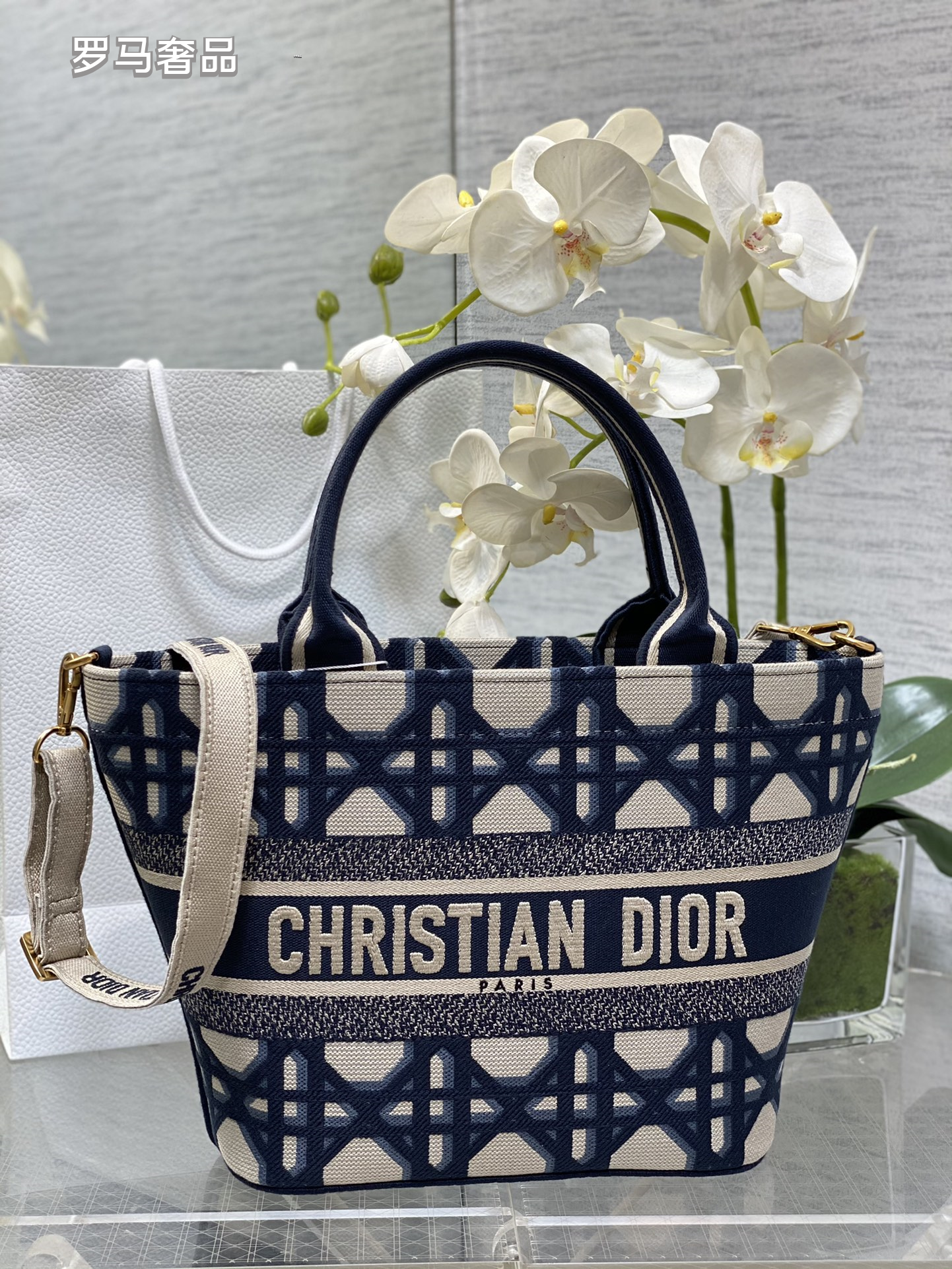 Christian Dior Oblique Canvas Small Tote Bag with Shoulder Strap - Navy Blue