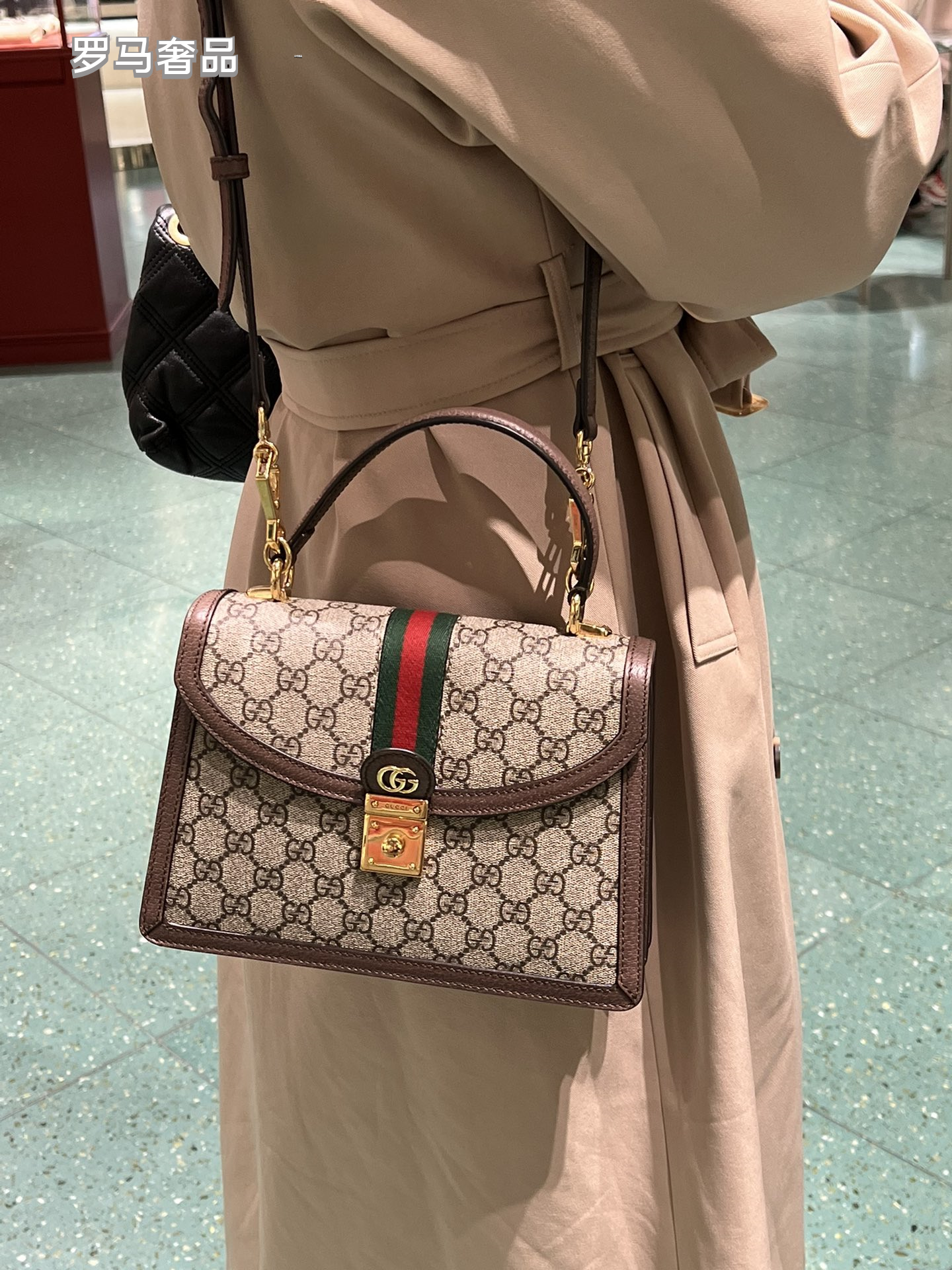 Gucci Classic Monogram Canvas Satchel Bag with Red Green Web Stripe