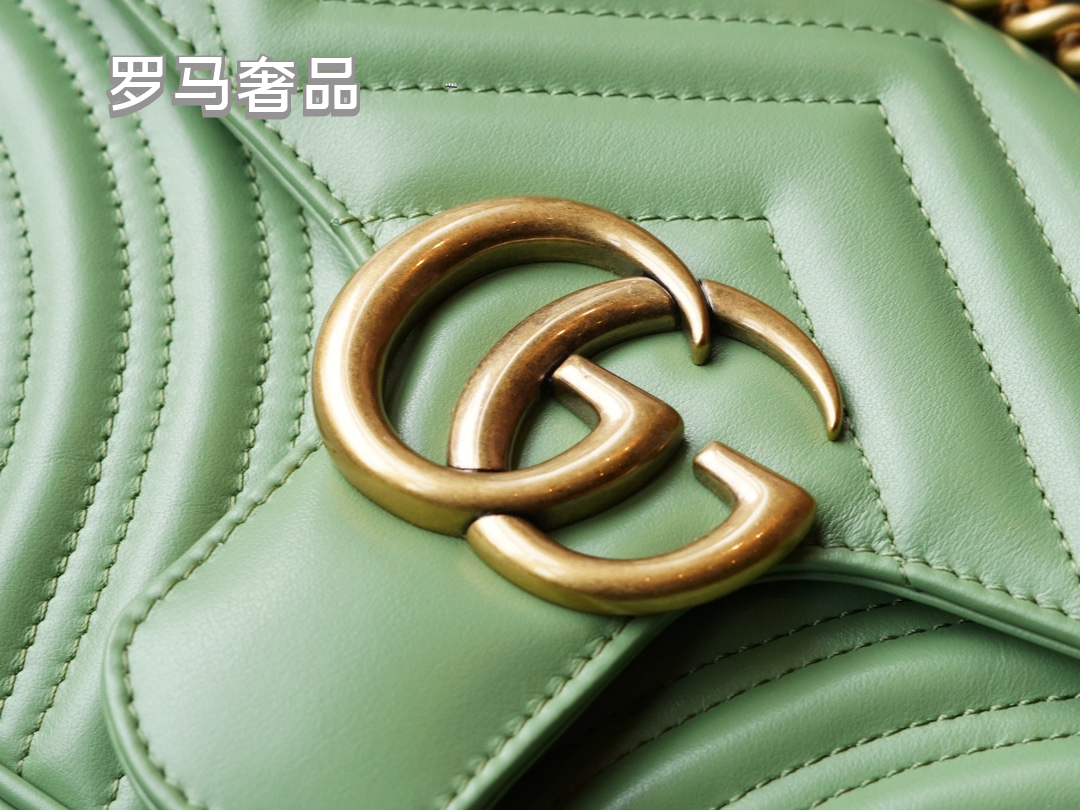 Gucci Sage Green Quilted Chevron Leather Shoulder Bag with Gold Chain