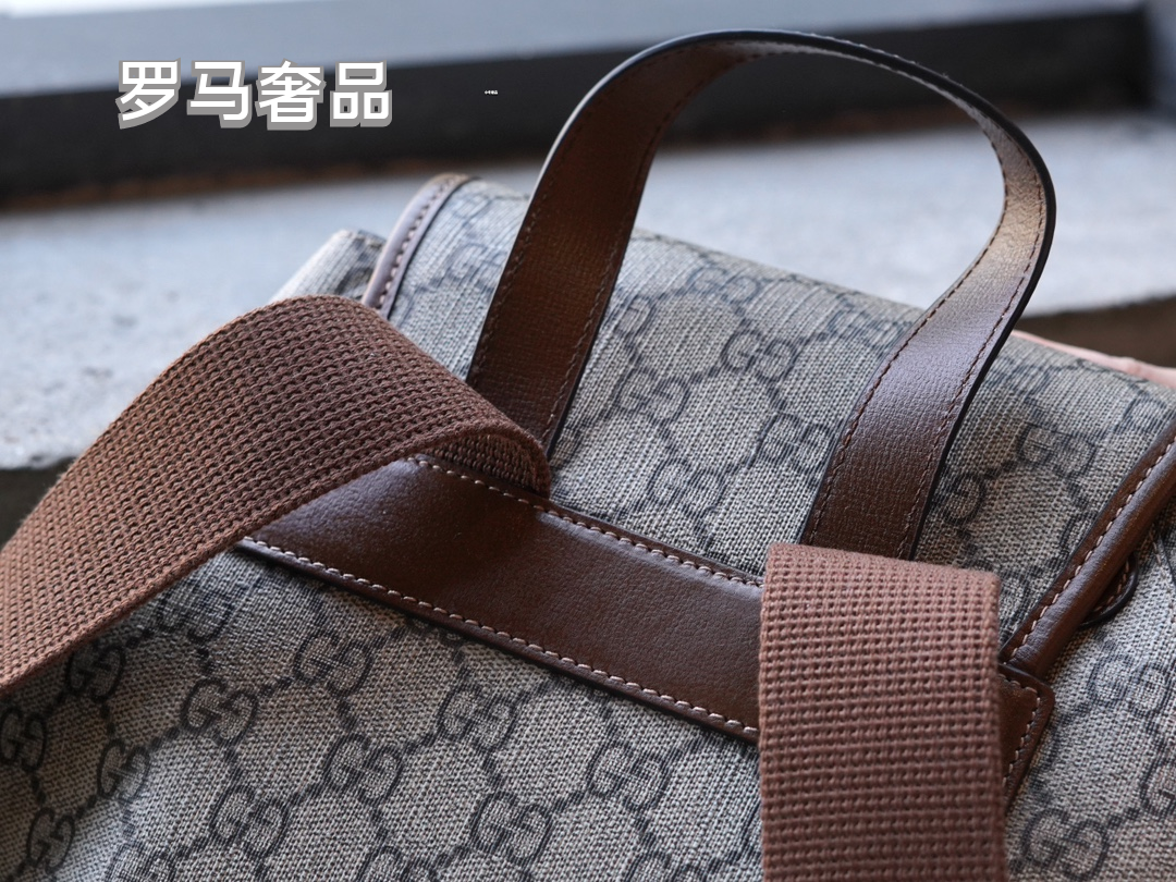 Gucci Classic Monogram Canvas Backpack with Brown Leather Trim and Drawstring