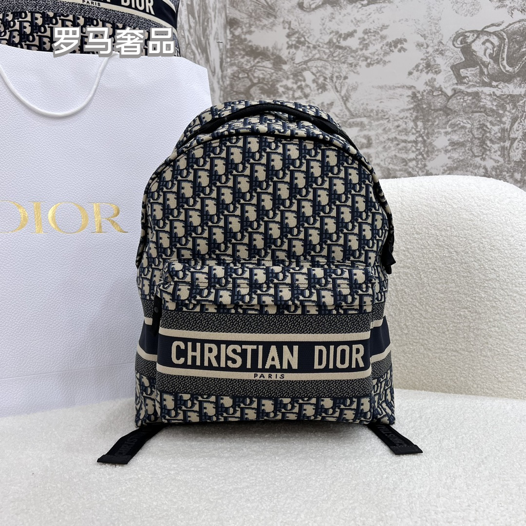 Dior Luxury Monogram Jacquard Canvas Backpack with Front Pocket Stripe