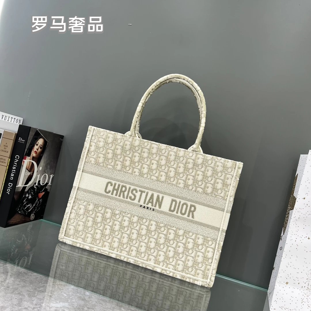 Dior Classic Monogram Canvas Tote Bag Elegant Top Handle Shoulder Handbag