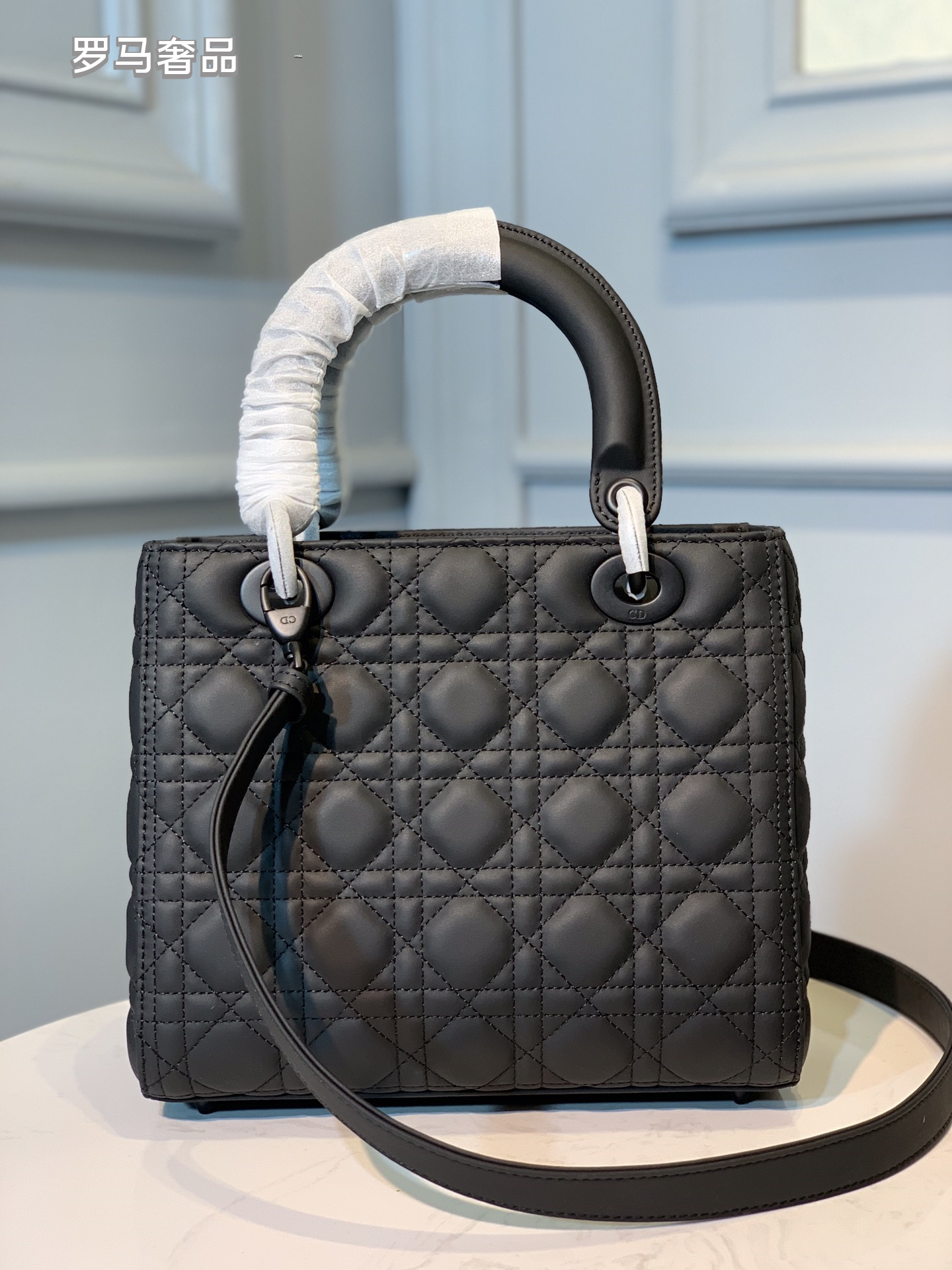 Dior Classic Matte Black Quilted Top Handle Crossbody Handbag