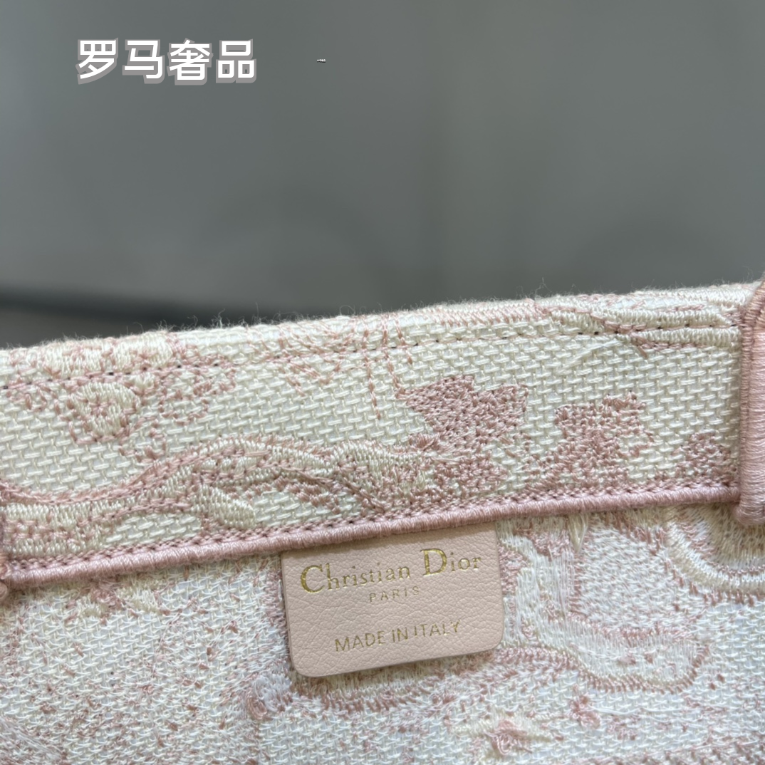 Dior Pink and Beige Floral Embroidered Top Handle Canvas Tote Bag