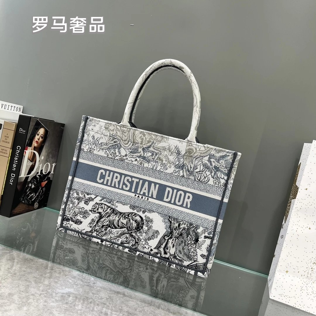 Dior Vintage Grey Toile de Jouy Canvas Tote Bag with Top Handles