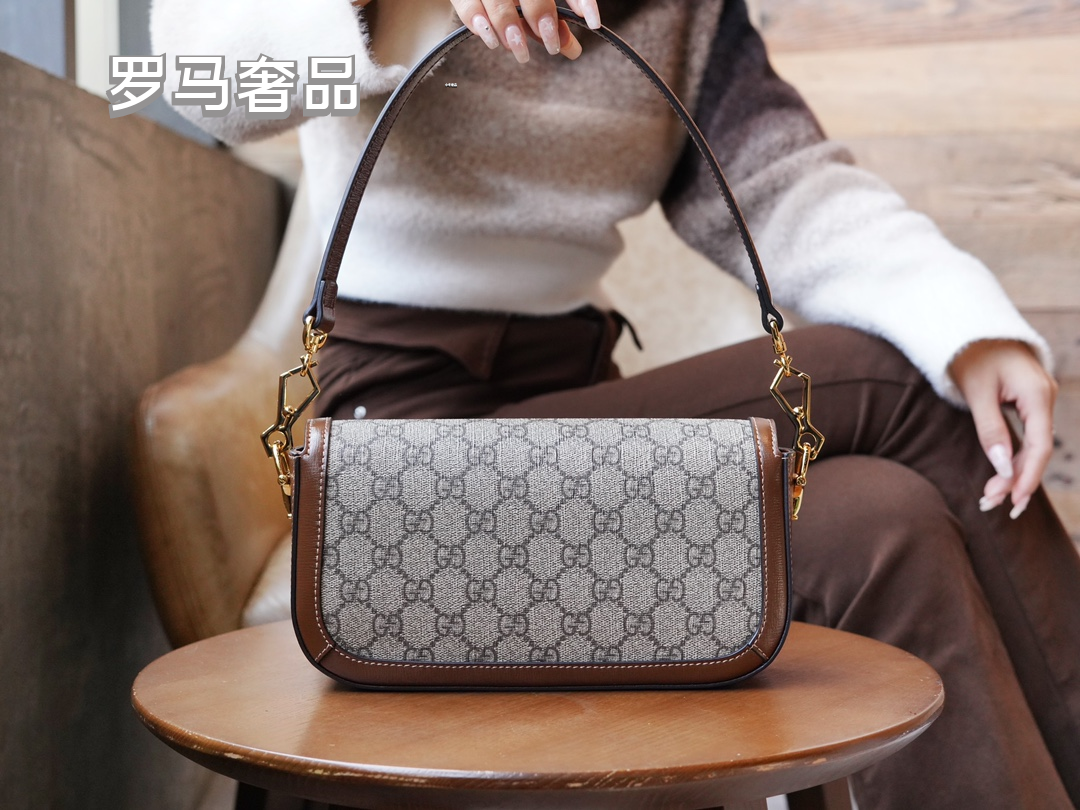 Gucci Vintage Monogram Flap Shoulder Bag with Gold Horsebit Clasp