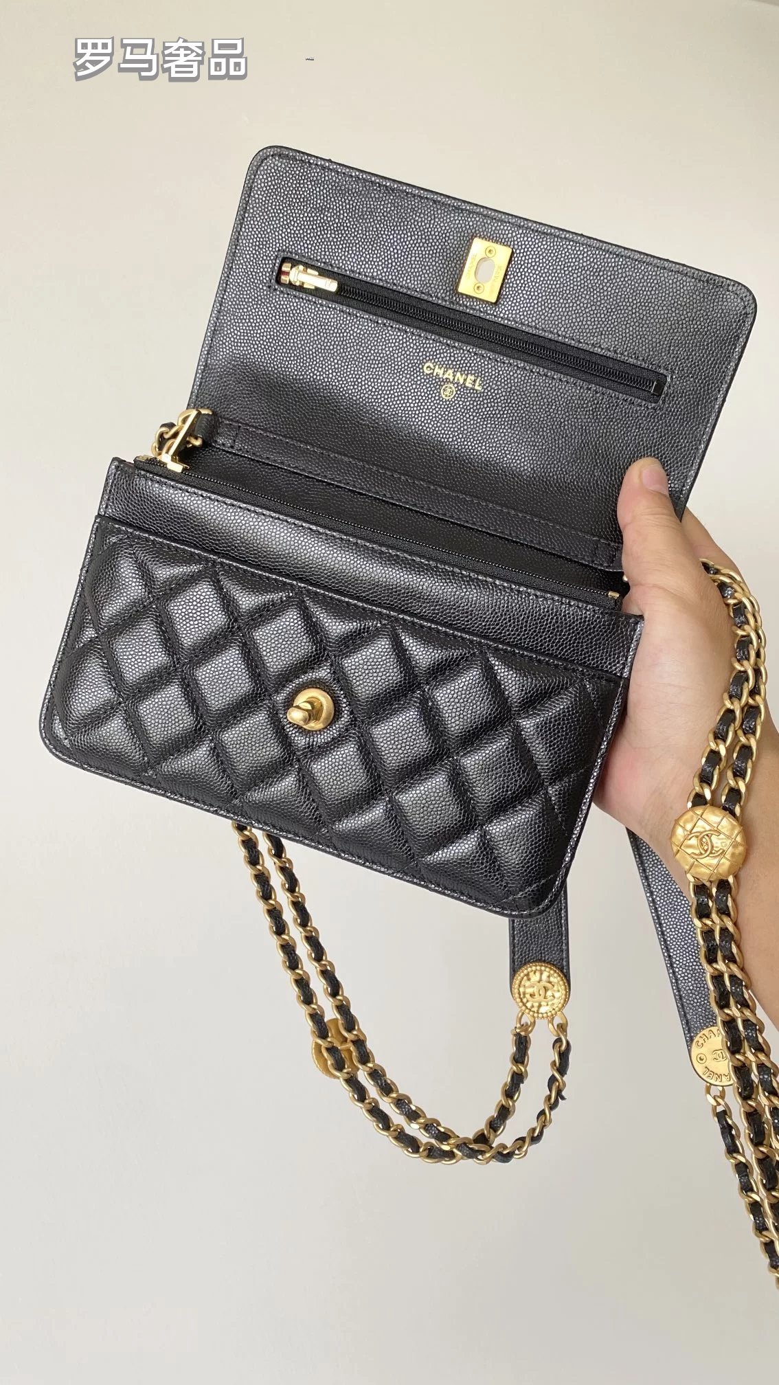 Tanzon Black Quilted Leather Crossbody Bag with Gold Chain Strap