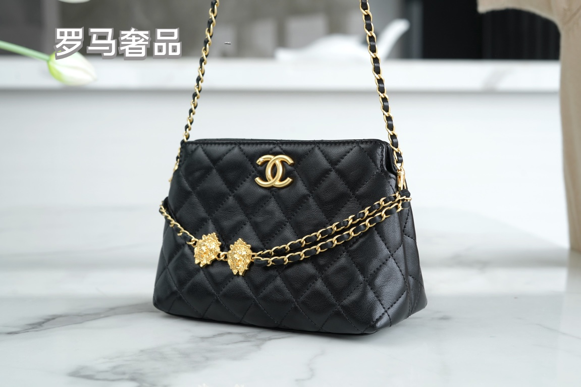 Chanel Black Quilted Leather Flap Bag with Lion Head Chain Embellishments